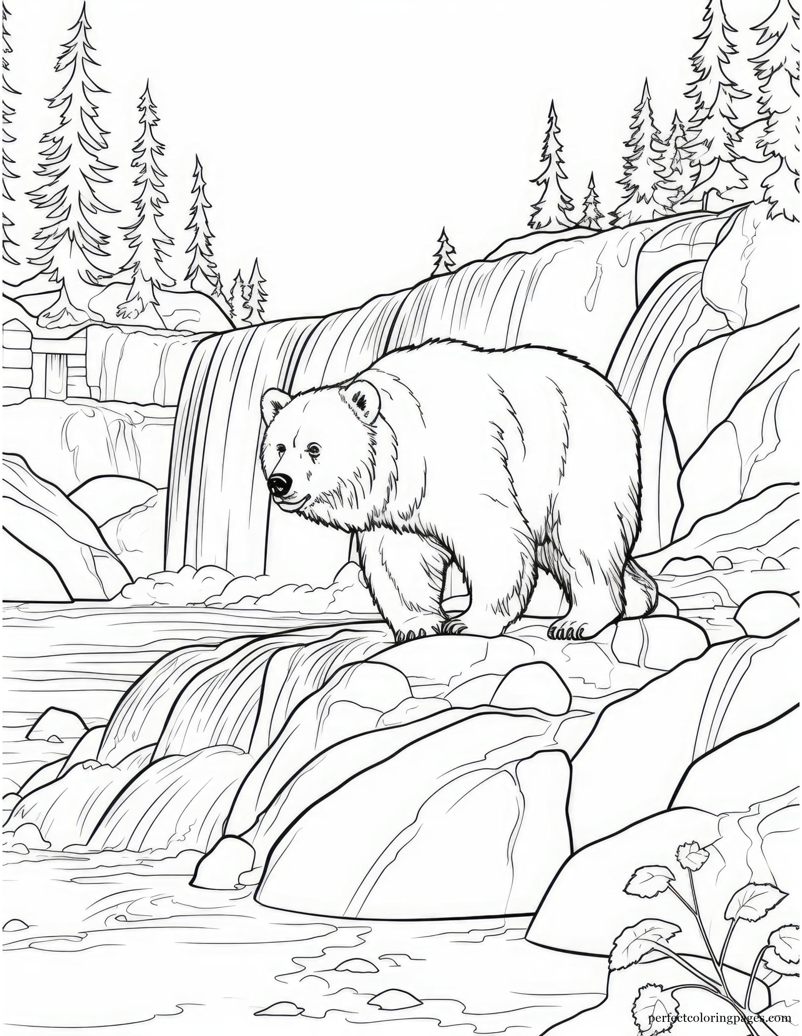 Alaskan Bear Fishing Near a Waterfall Coloring Picture for Preschoolers