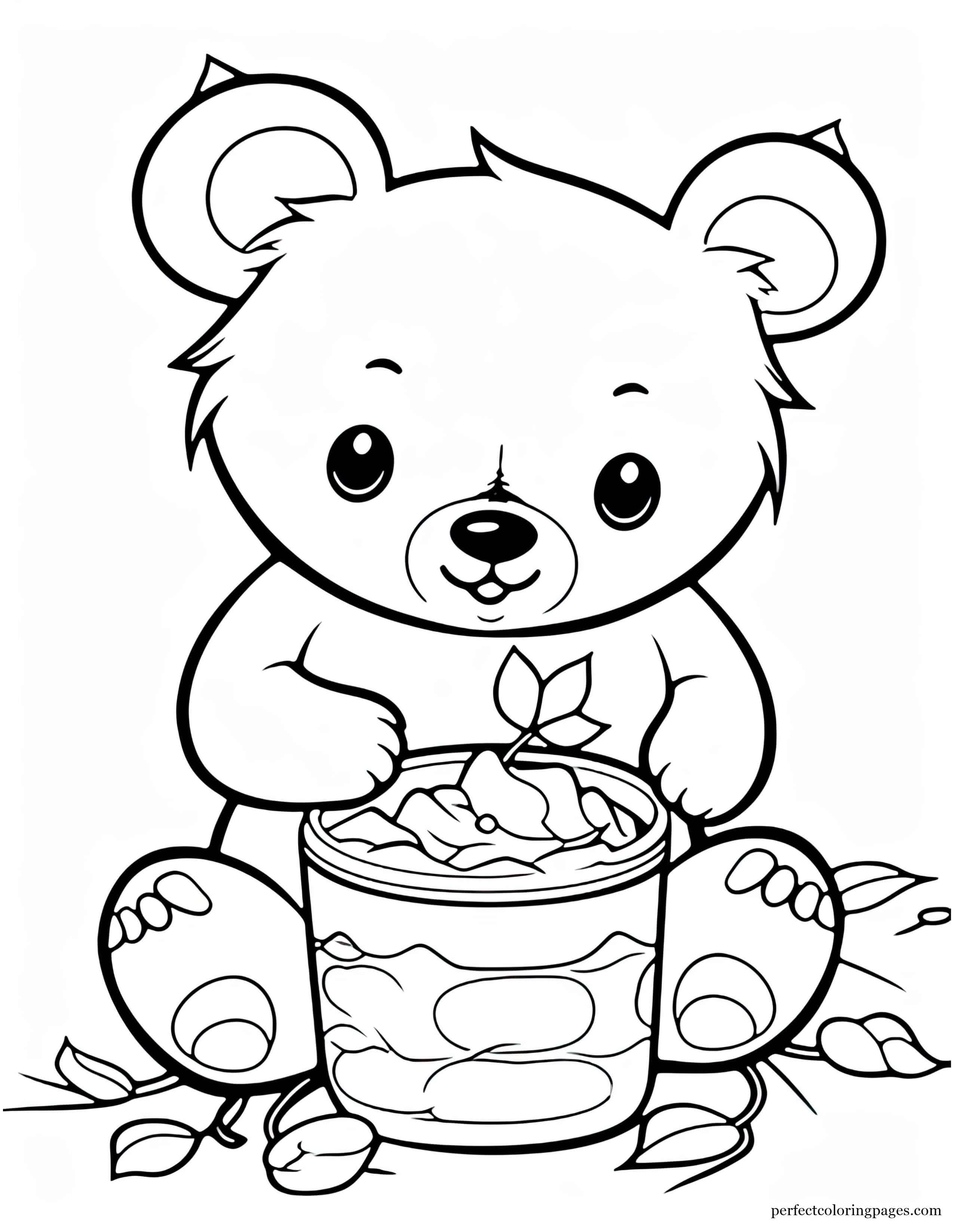 Baby Bear Happily Snacking on Honey From a Beehive Kawaii Coloring Sheet for Kids