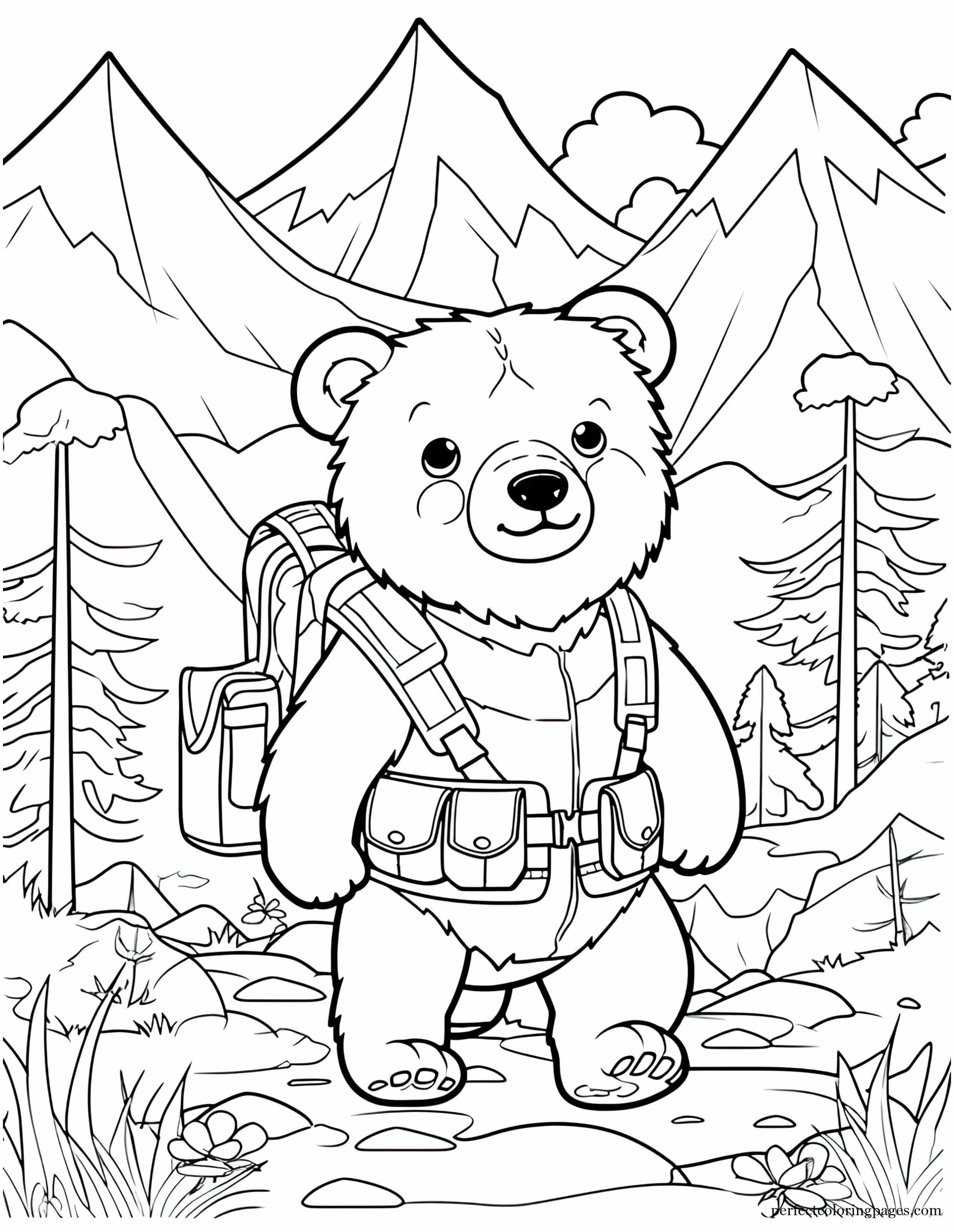 Baby Grizzly Exploring the Great Outdoors for the First Time Kawaii Coloring Sheet for Adults