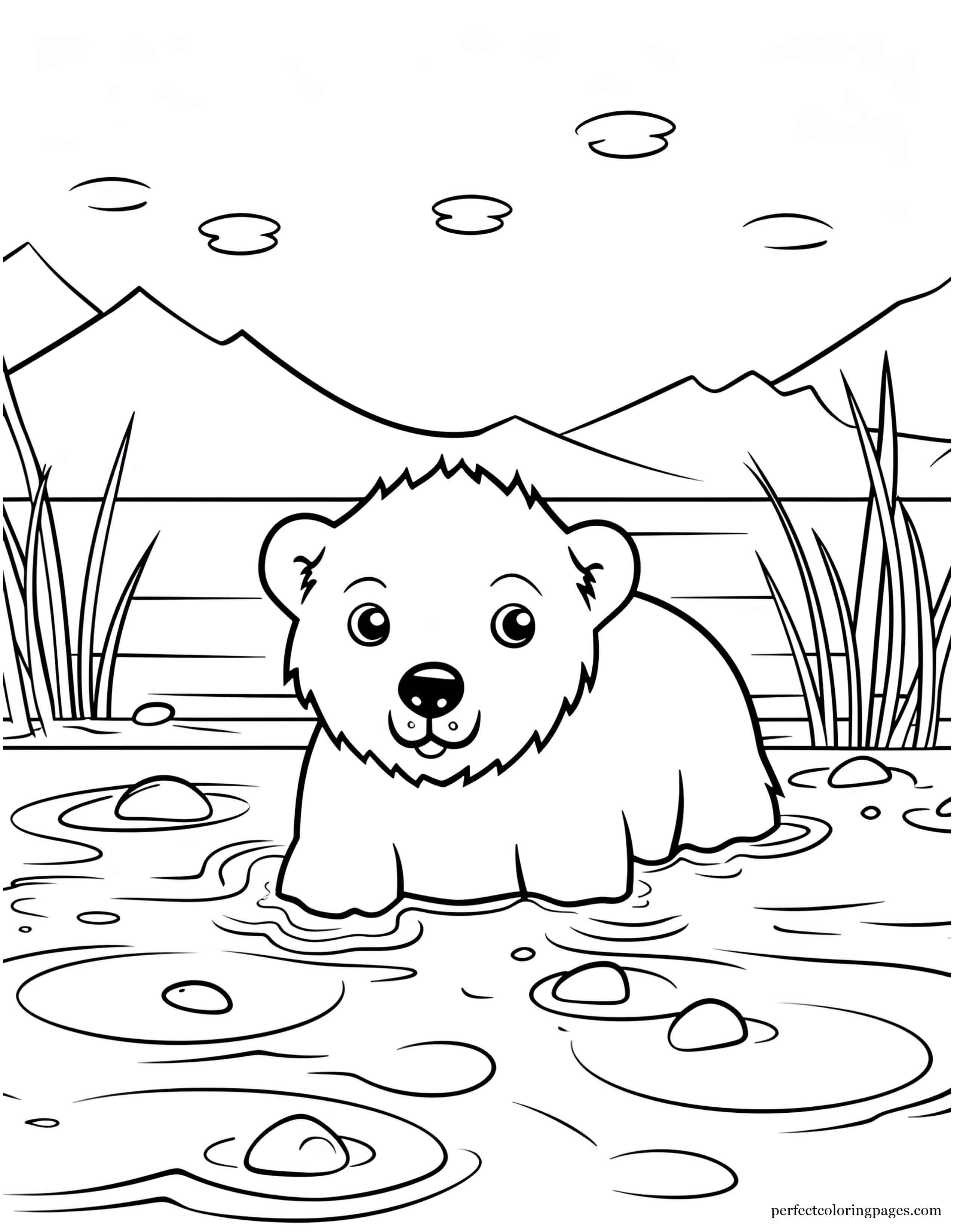 Baby Polar Bear Learning to Swim Coloring Sheet for Kids