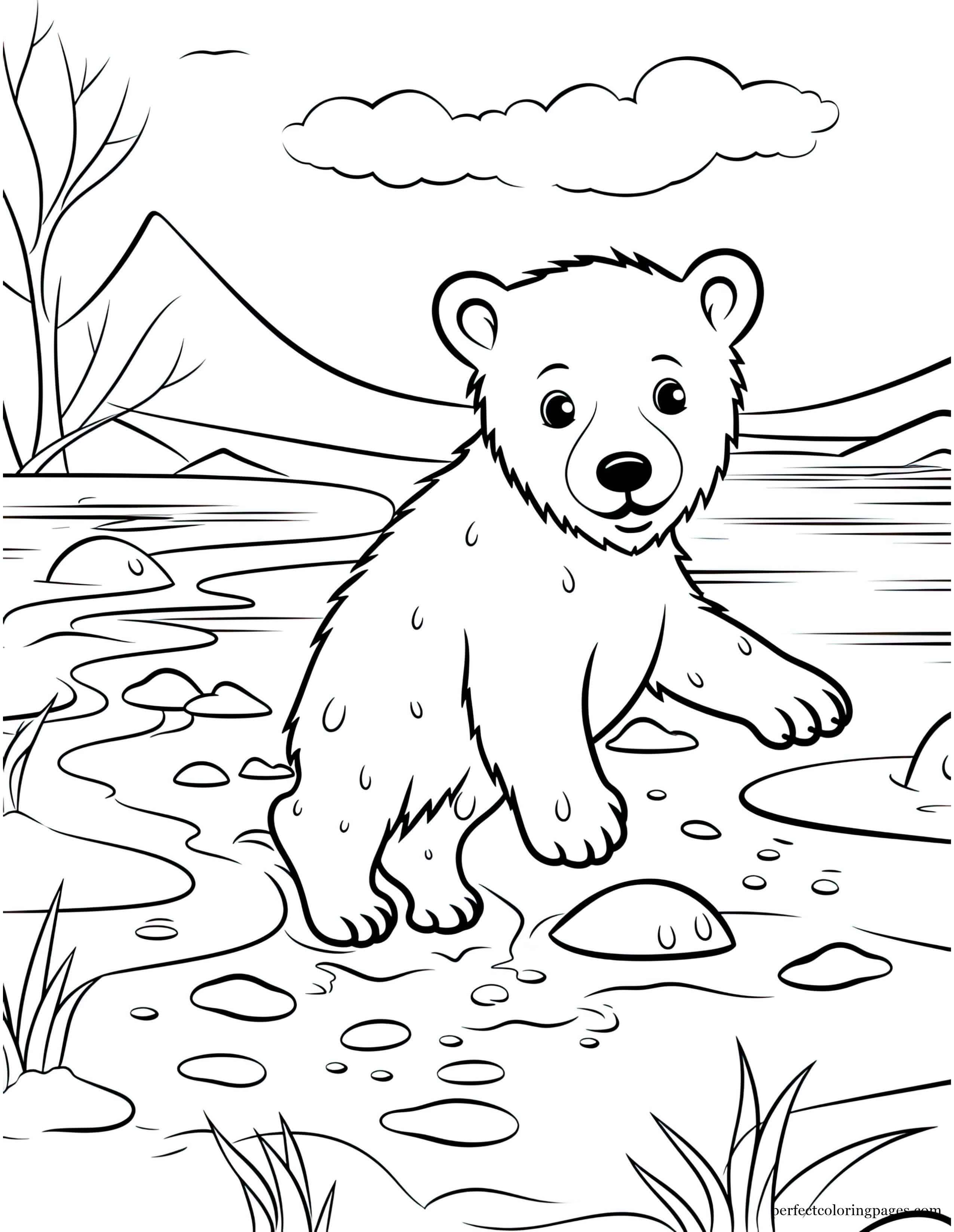 Baby Polar Bear Taking Its First Steps on the Ice Cute Coloring Page for Kids