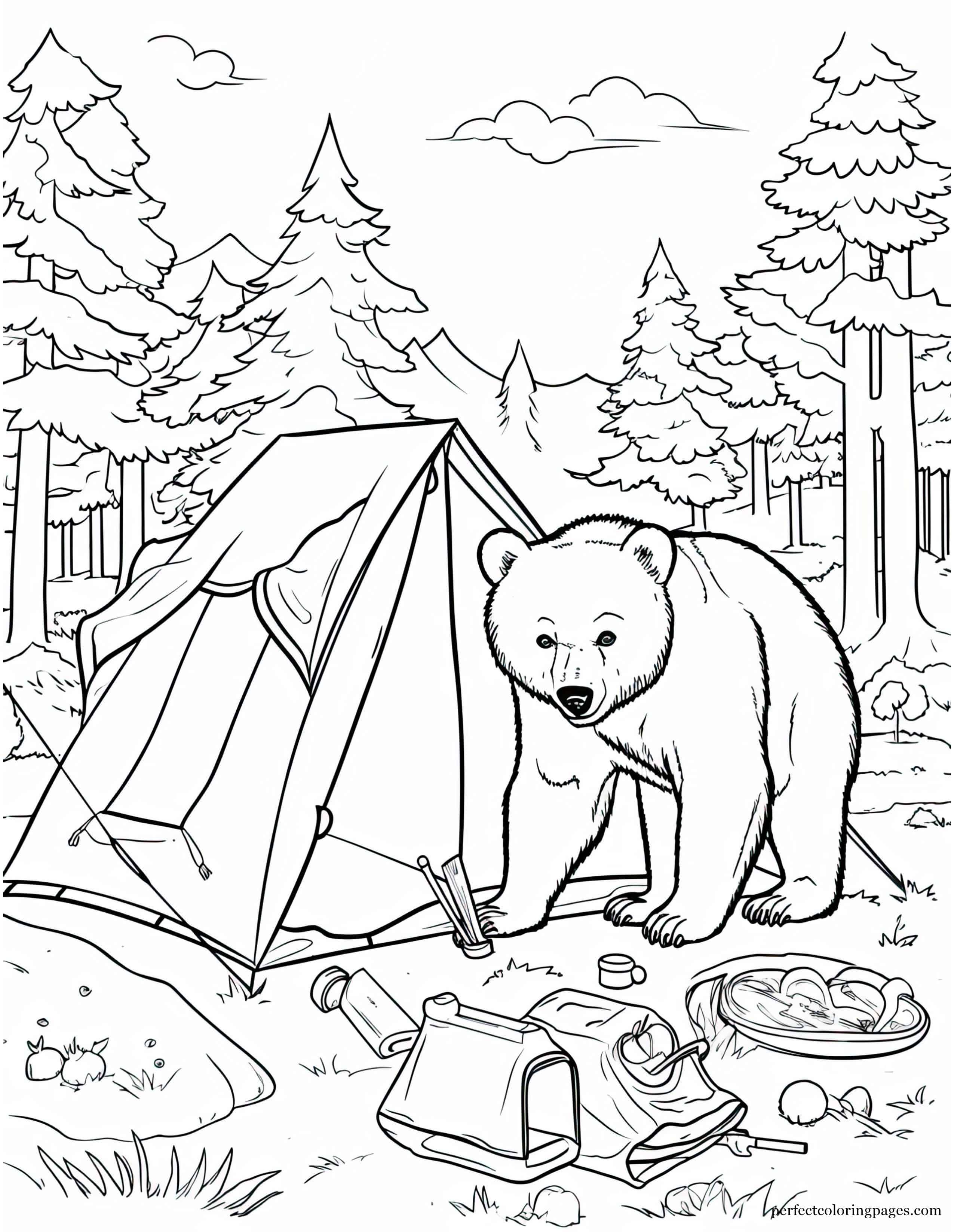 Black Bear Smelling for Food Outside a Tent Easy Coloring Sheet for Adults