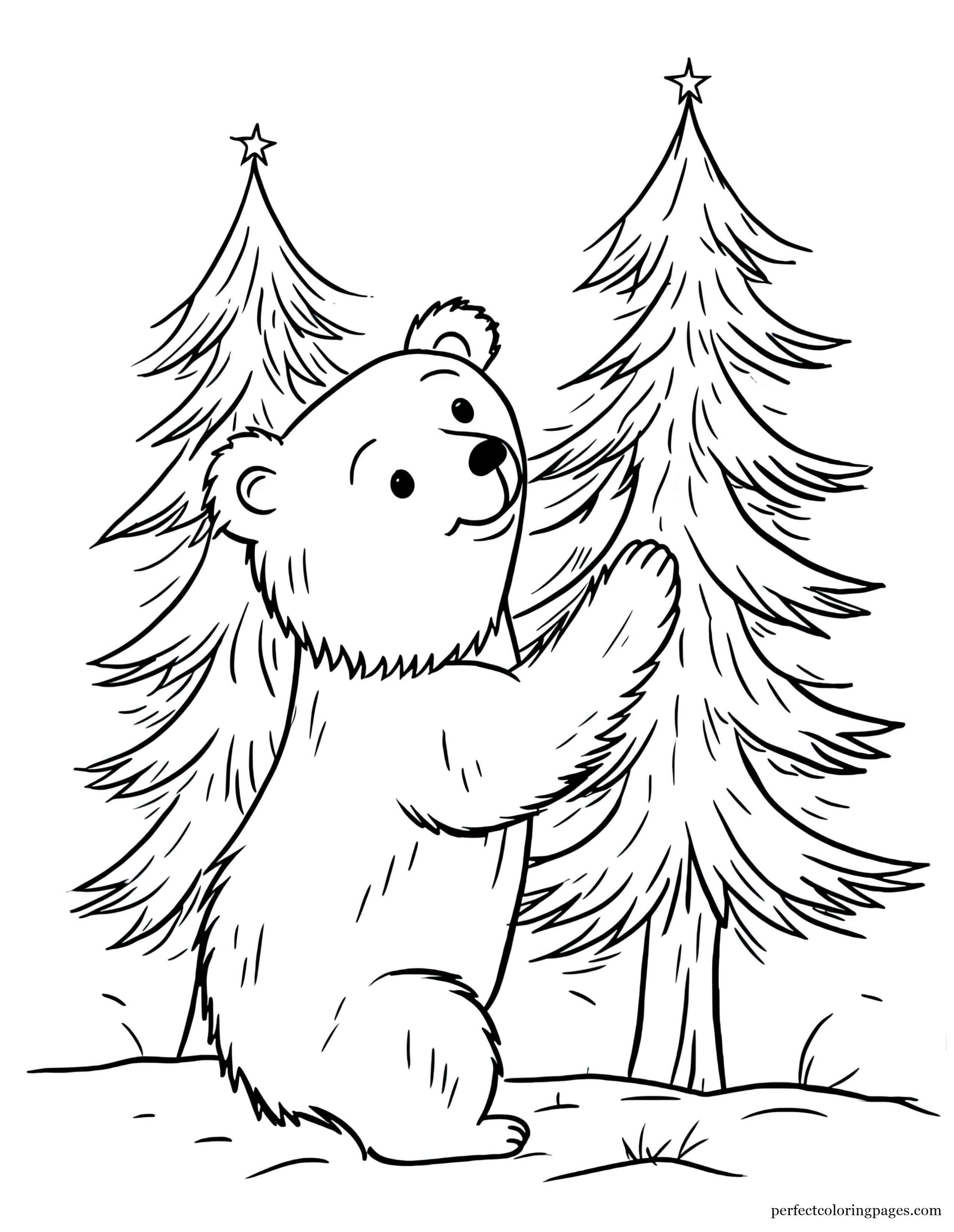 Brown Bear Scratching Its Back Against a Pine Tree Cute Coloring Page