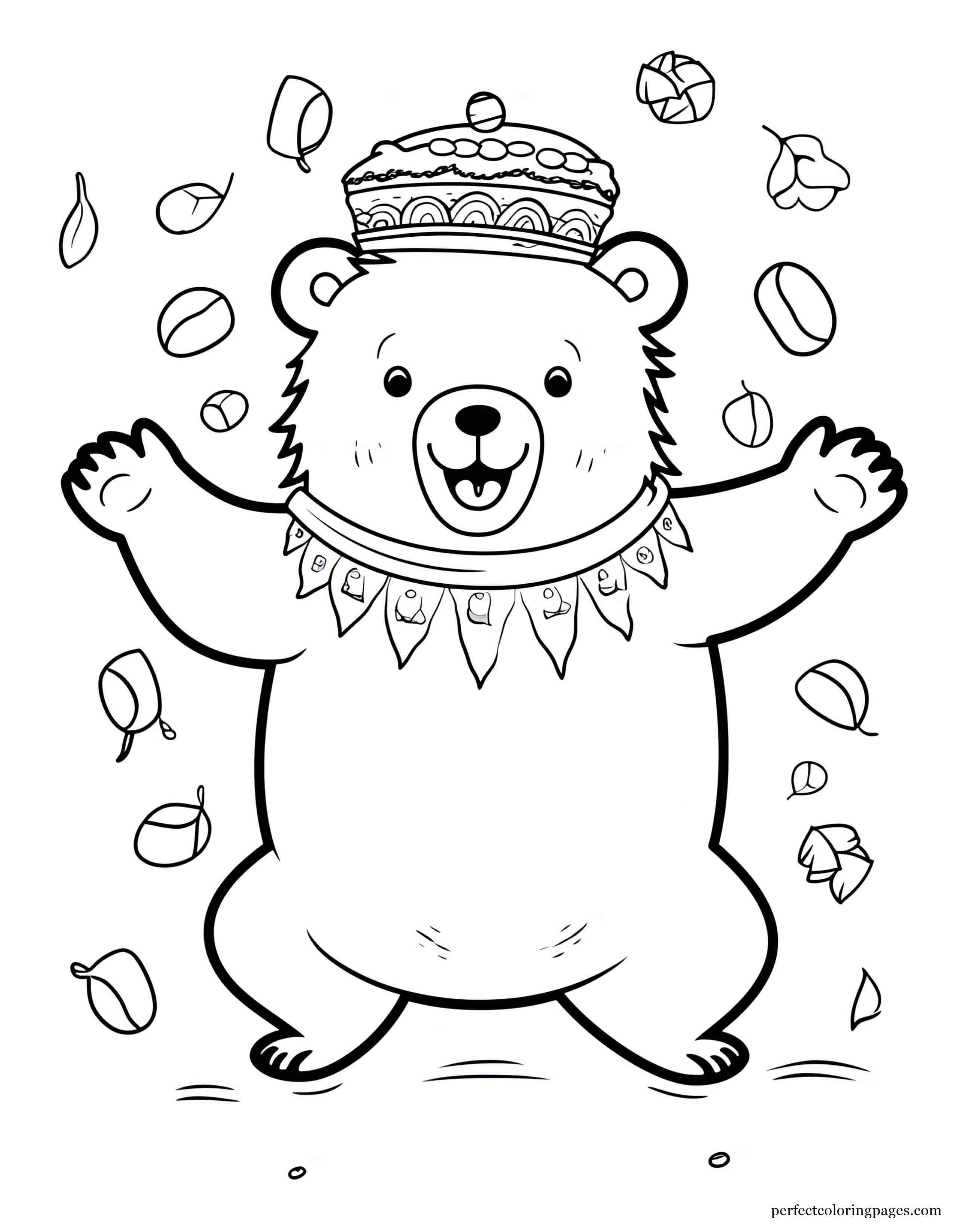 Cartoon Bear Dancing With a Beehive on Its Head Printable Coloring Sheet for Preschoolers