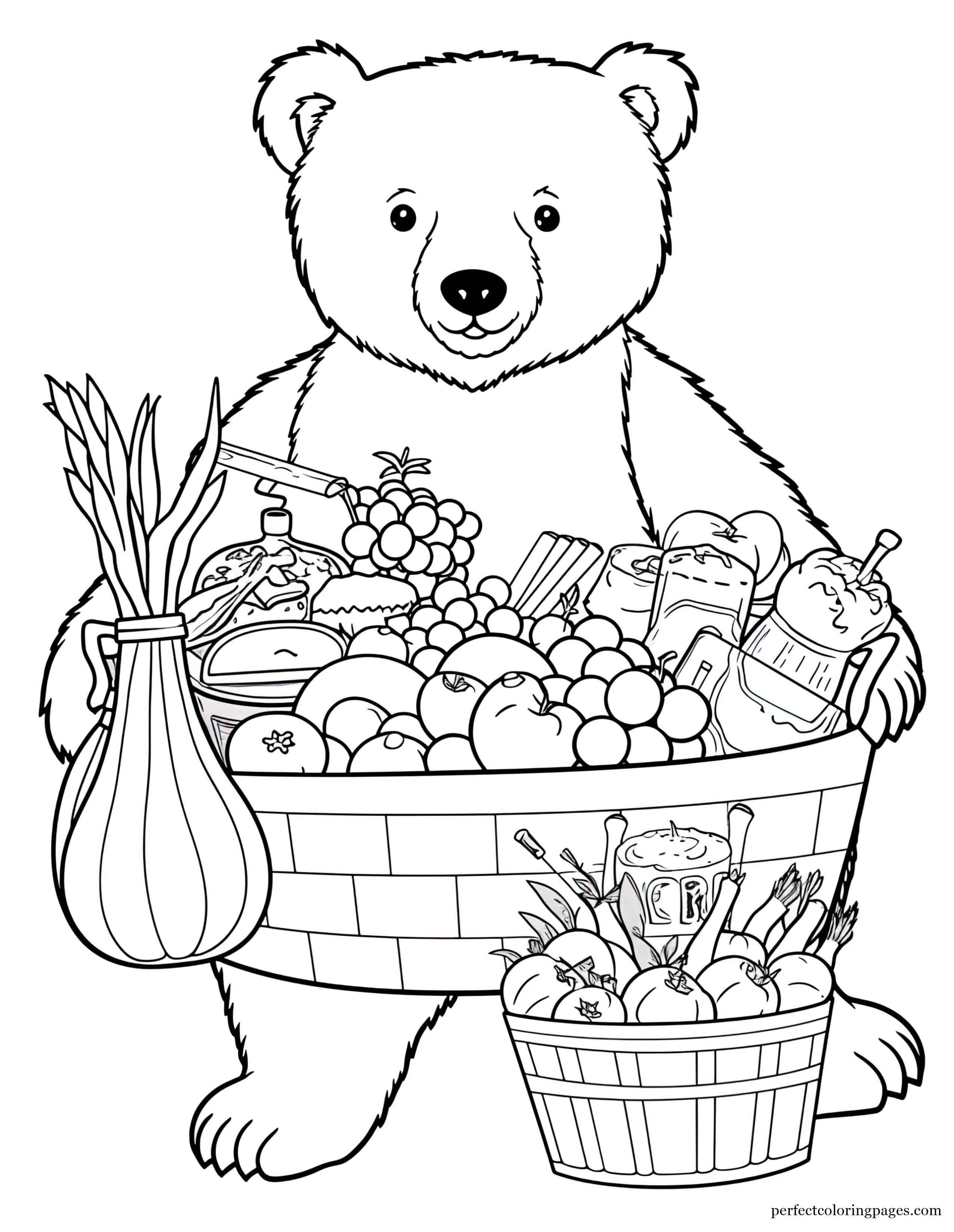 Cartoon Bear Trying to Steal a Picnic Basket Full of Goodies Cute Coloring Page for Girls