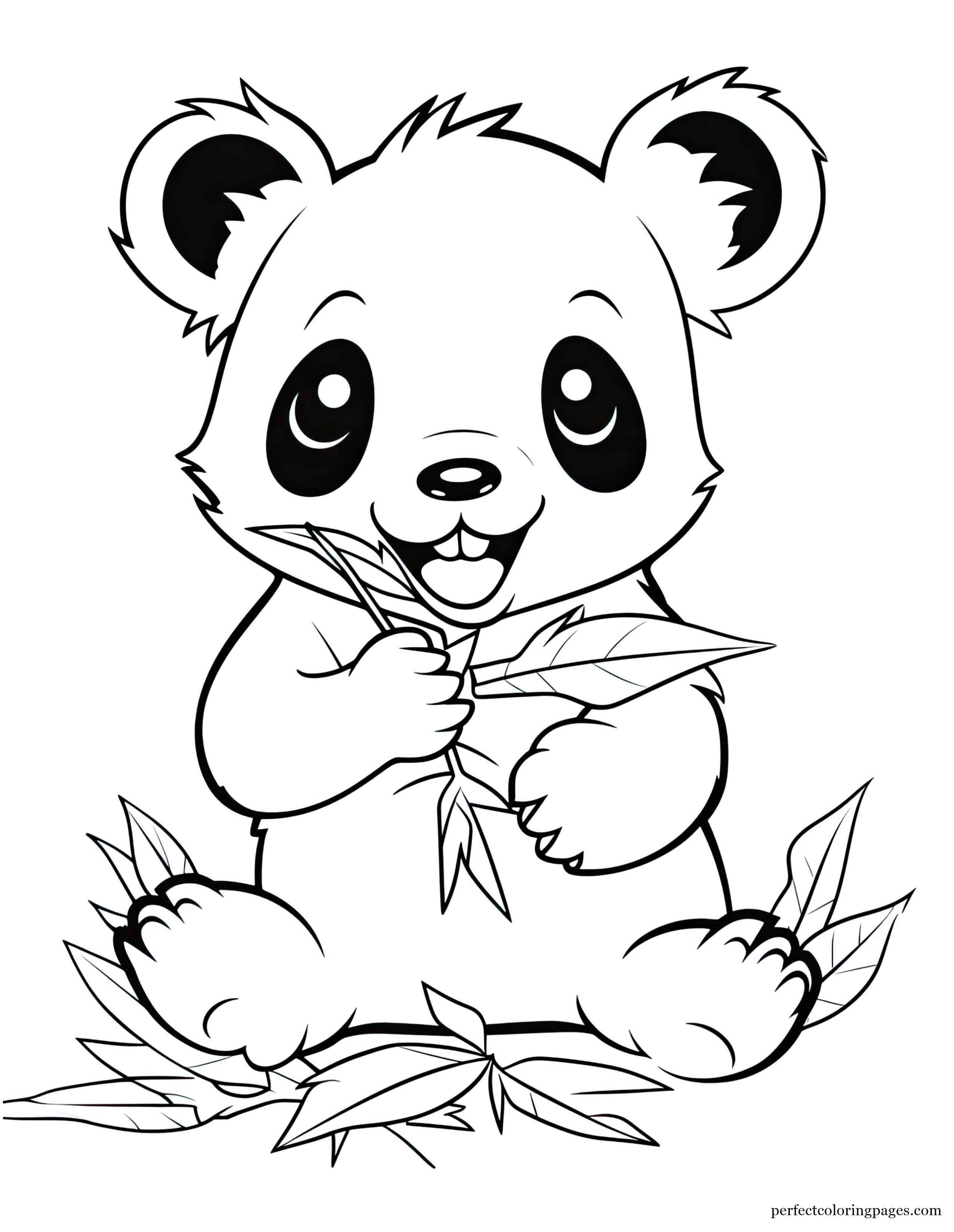 Cartoon Panda Bear Munching on Bamboo Leaves Cute Coloring Sheet