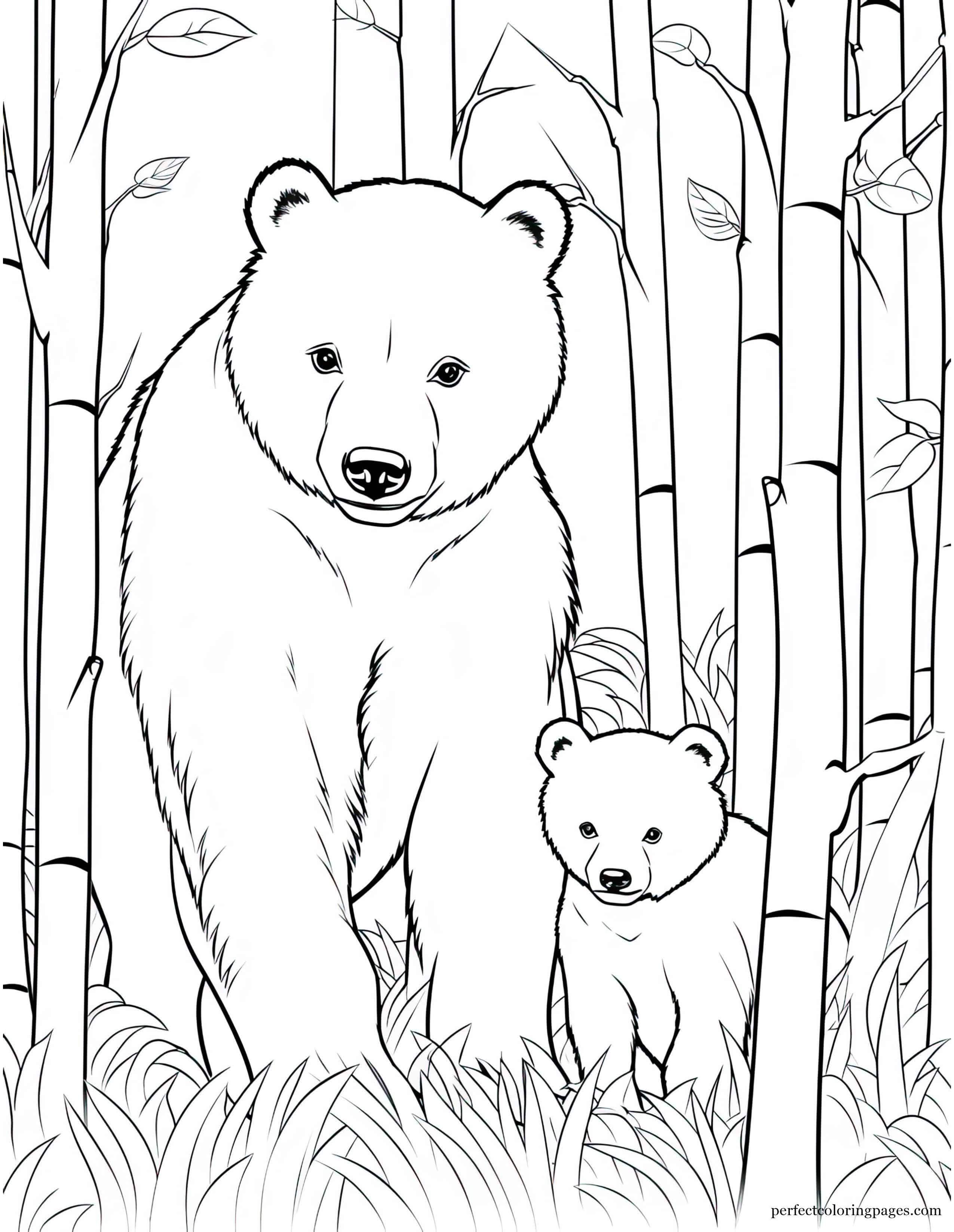 Curious Bear Cub Following Its Mother Through the Woods Coloring Picture for Kids