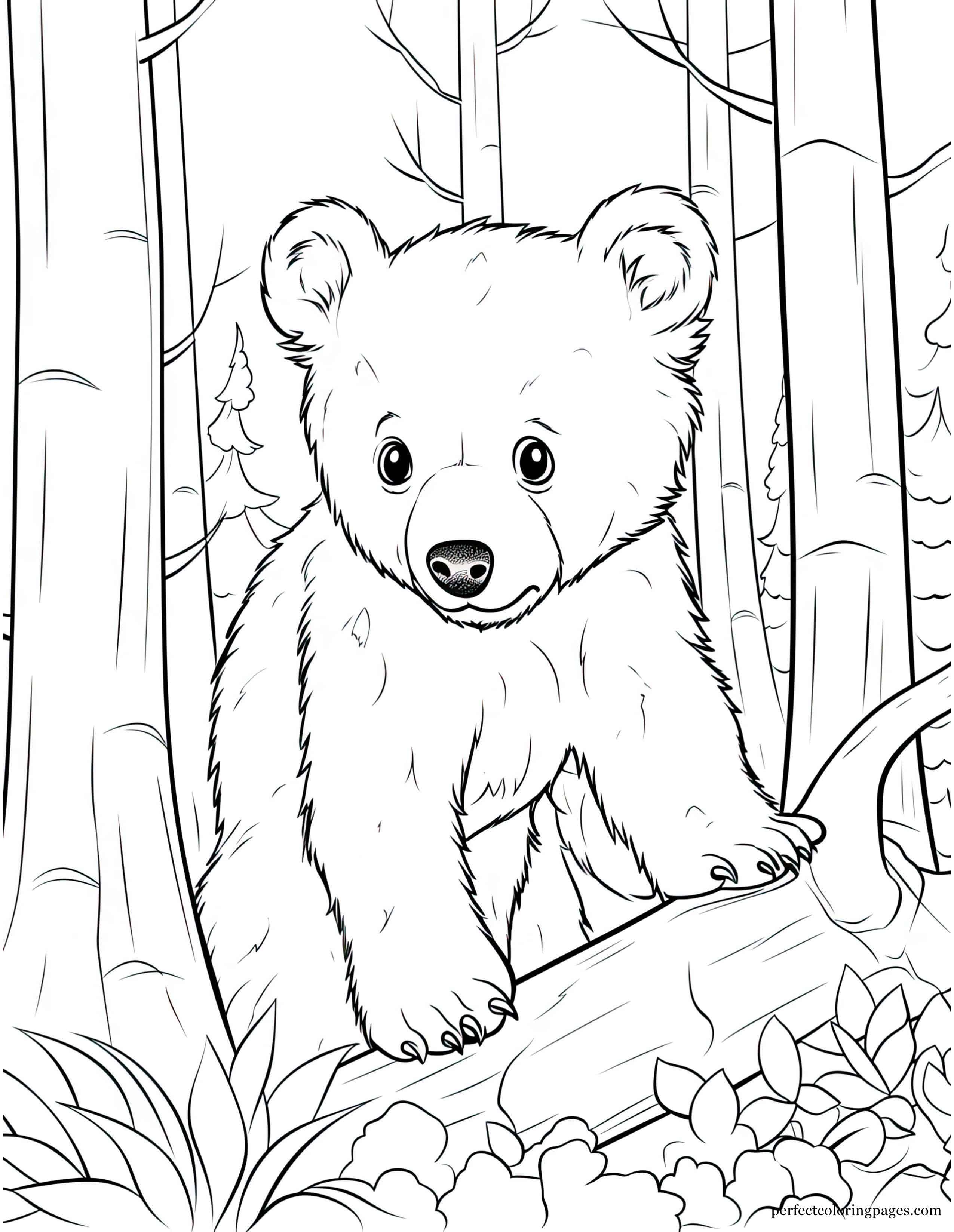 Curious Black Bear Cub Exploring the Woods for the First Time Printable Coloring Page