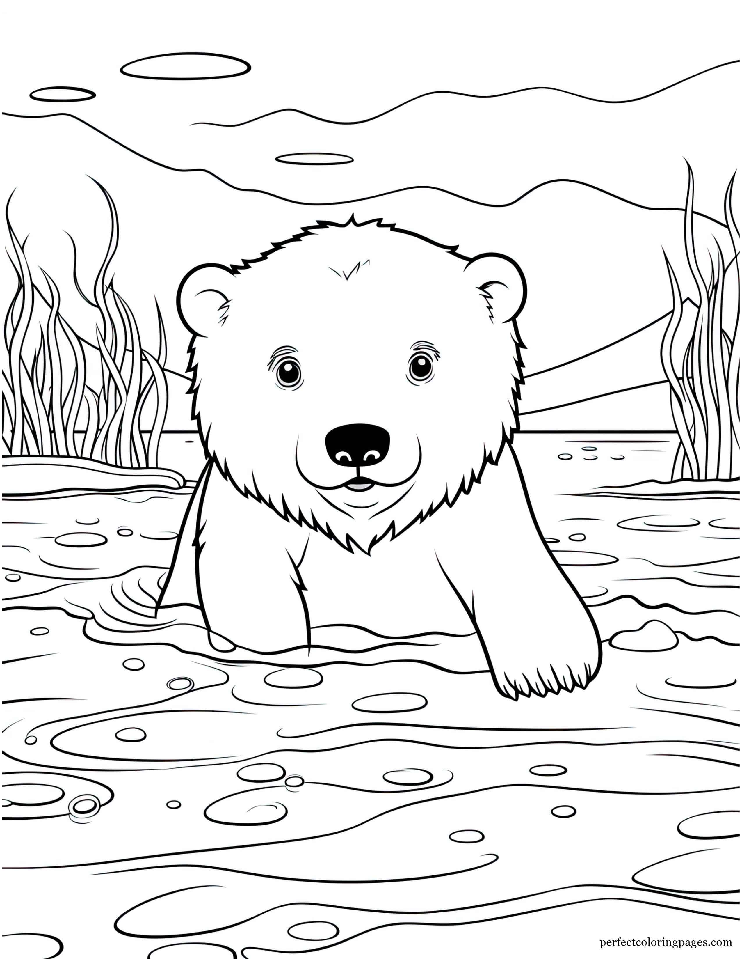 Cute Baby Polar Bear Learning to Swim in the Arctic Ocean Easy Coloring Sheet for Girls