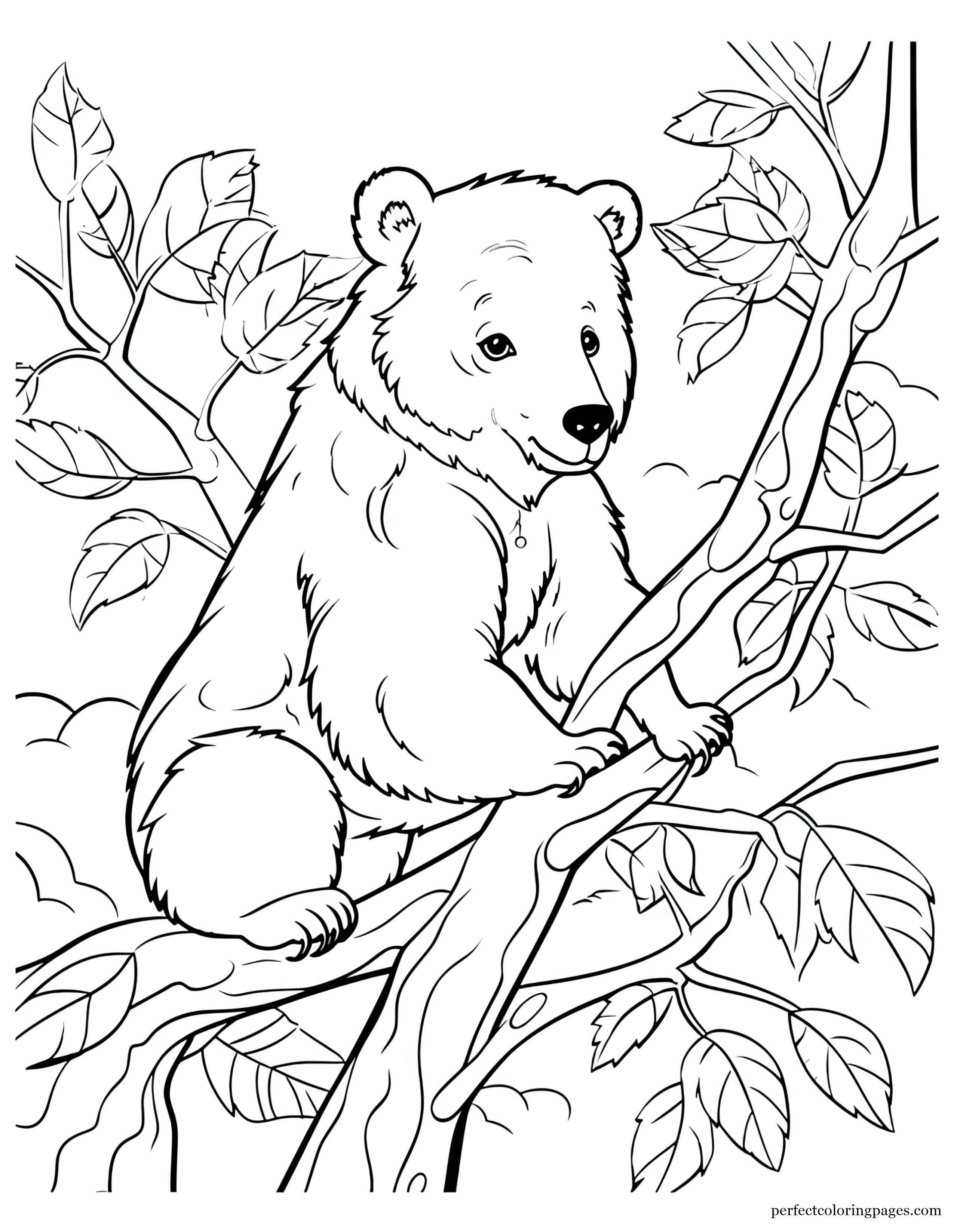 Cute Brown Bear Climbing a Tree Coloring Sheet for Kids