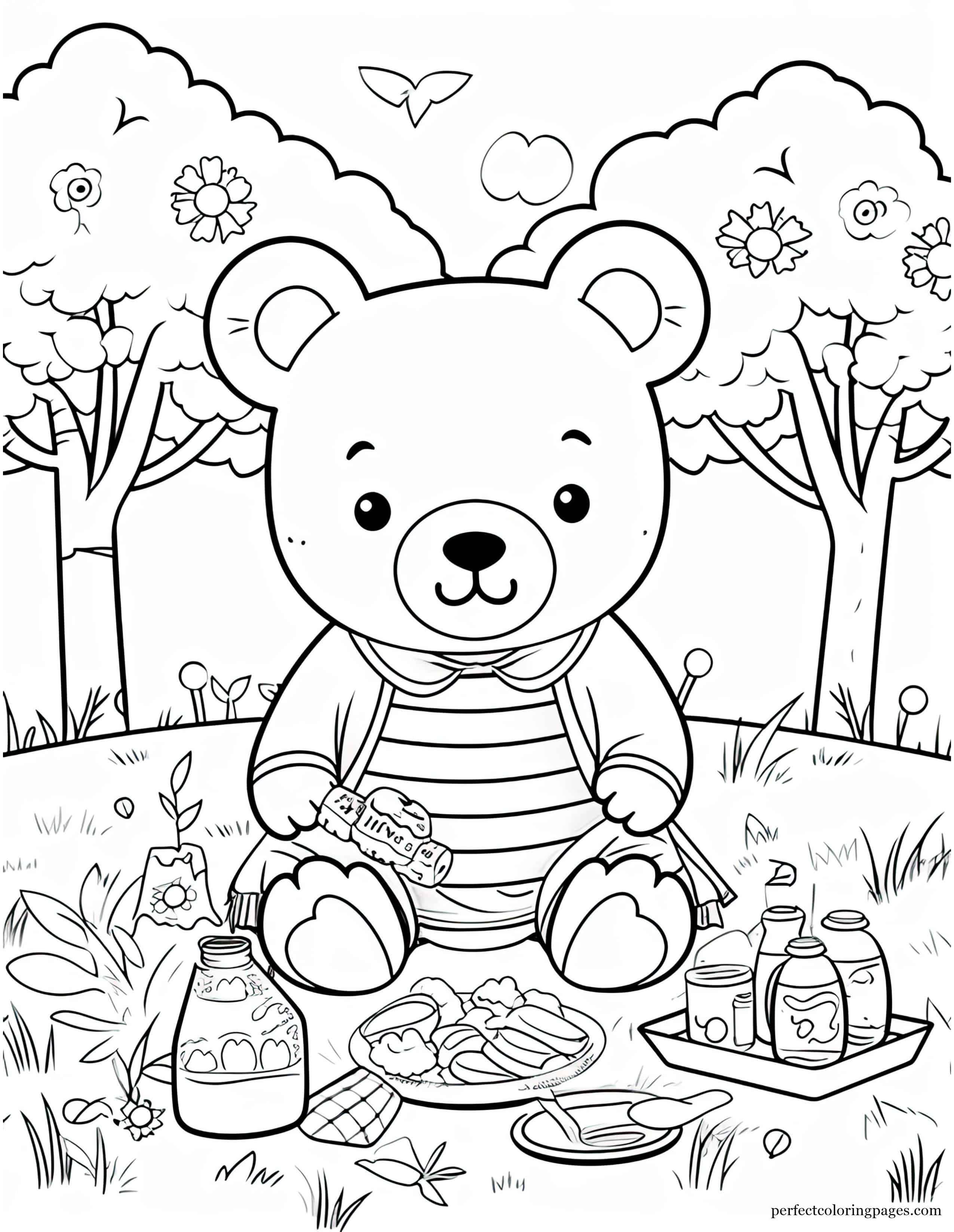 Cute Teddy Bear Having a Picnic in the Park Coloring Sheet for Girls