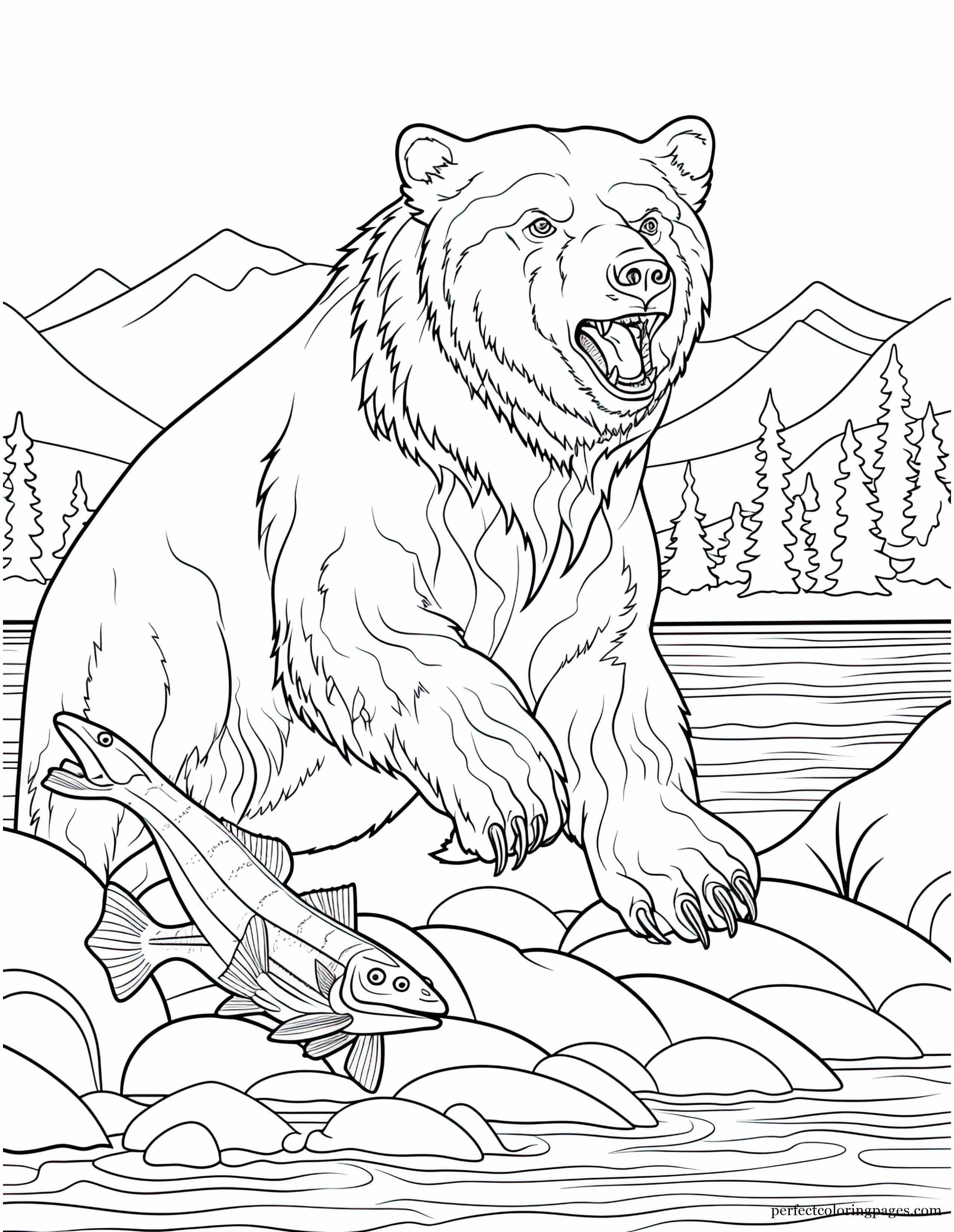 Ferocious Grizzly Bear Guarding a Fresh Fish Catch Coloring Sheet for Kids