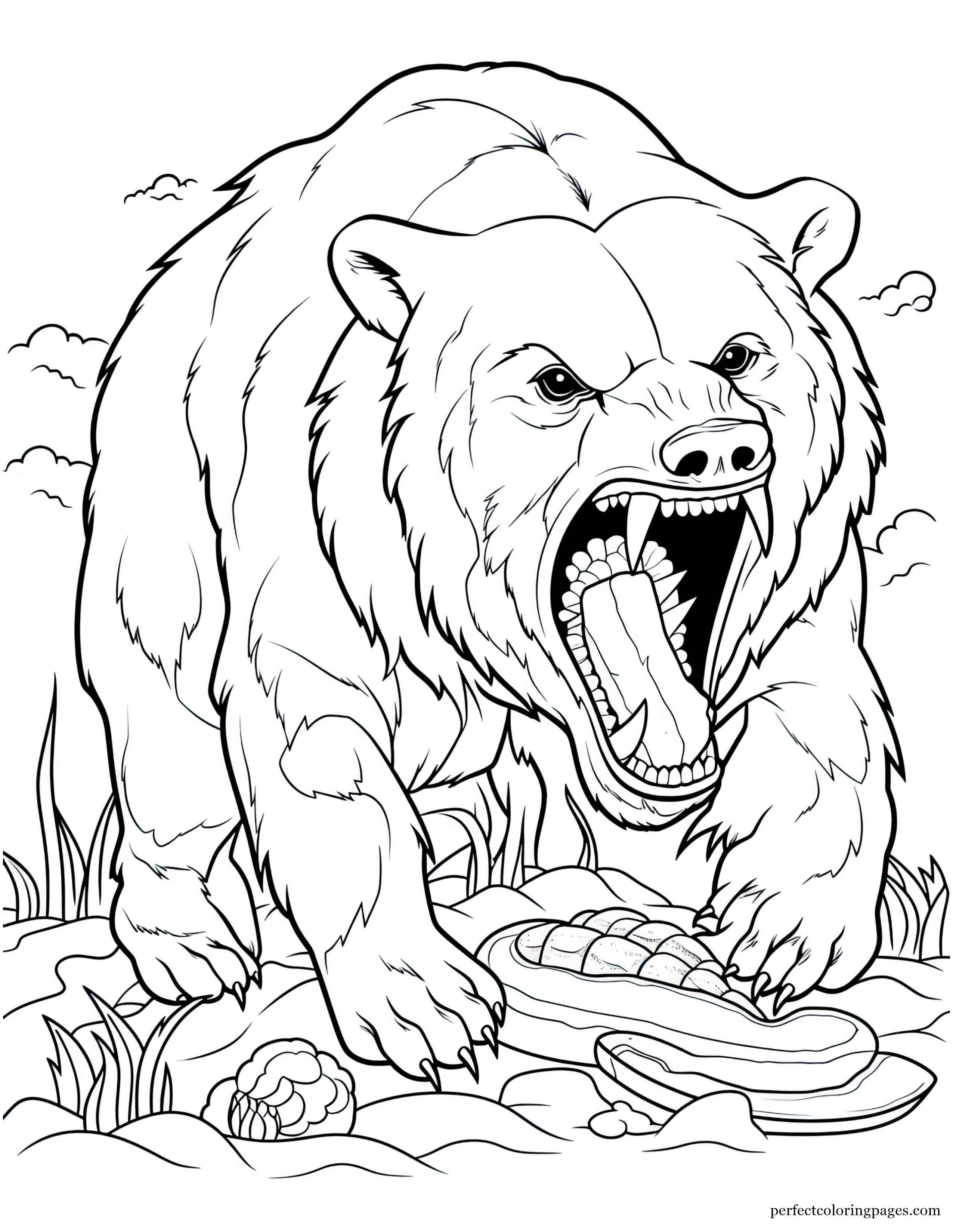 Ferocious Grizzly Bear Protecting Its Food From Other Bears Picture to Color for Kids