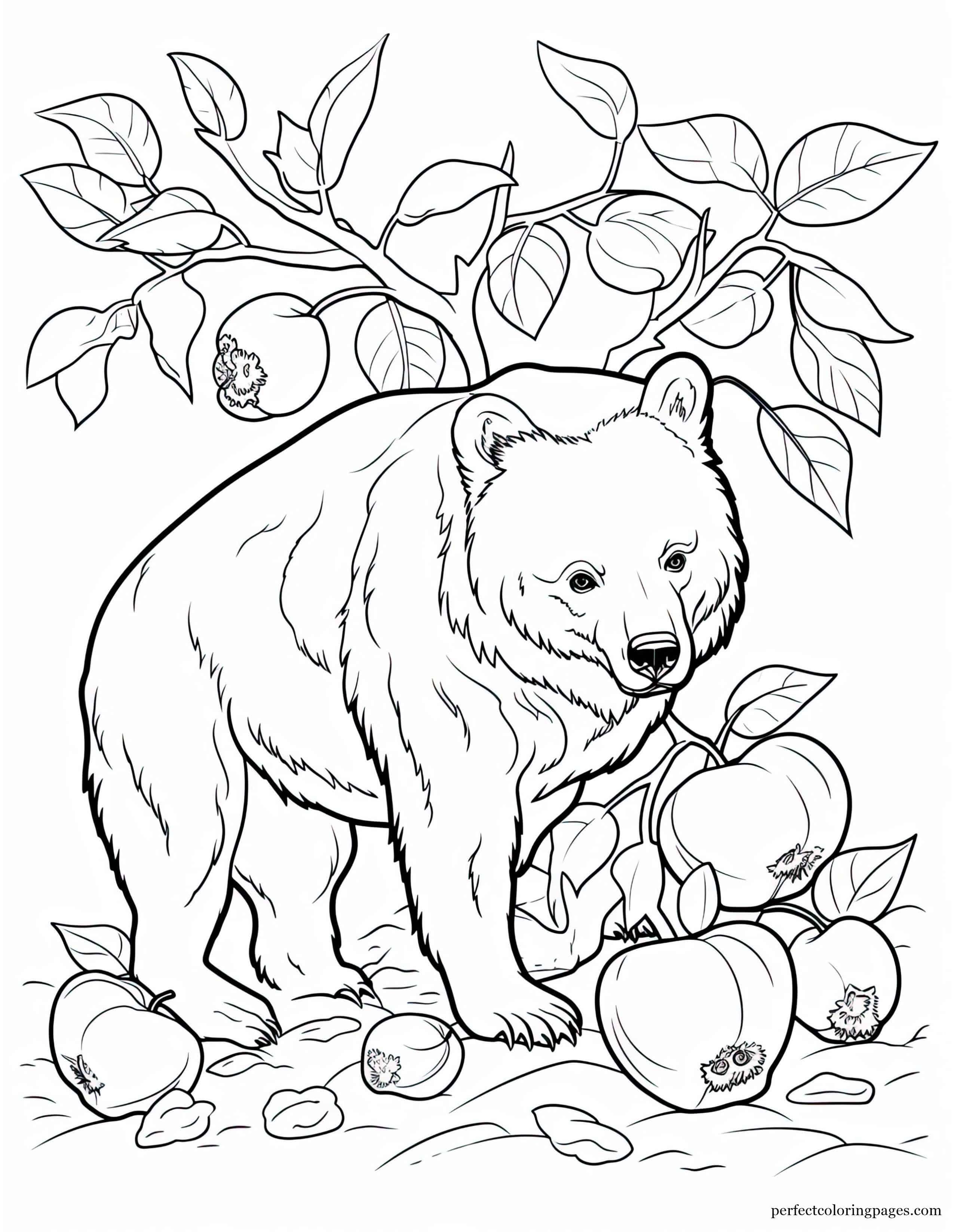 Grizzly Bear Foraging for Berries and Nuts Before Hibernation Coloring Sheet for Preschoolers