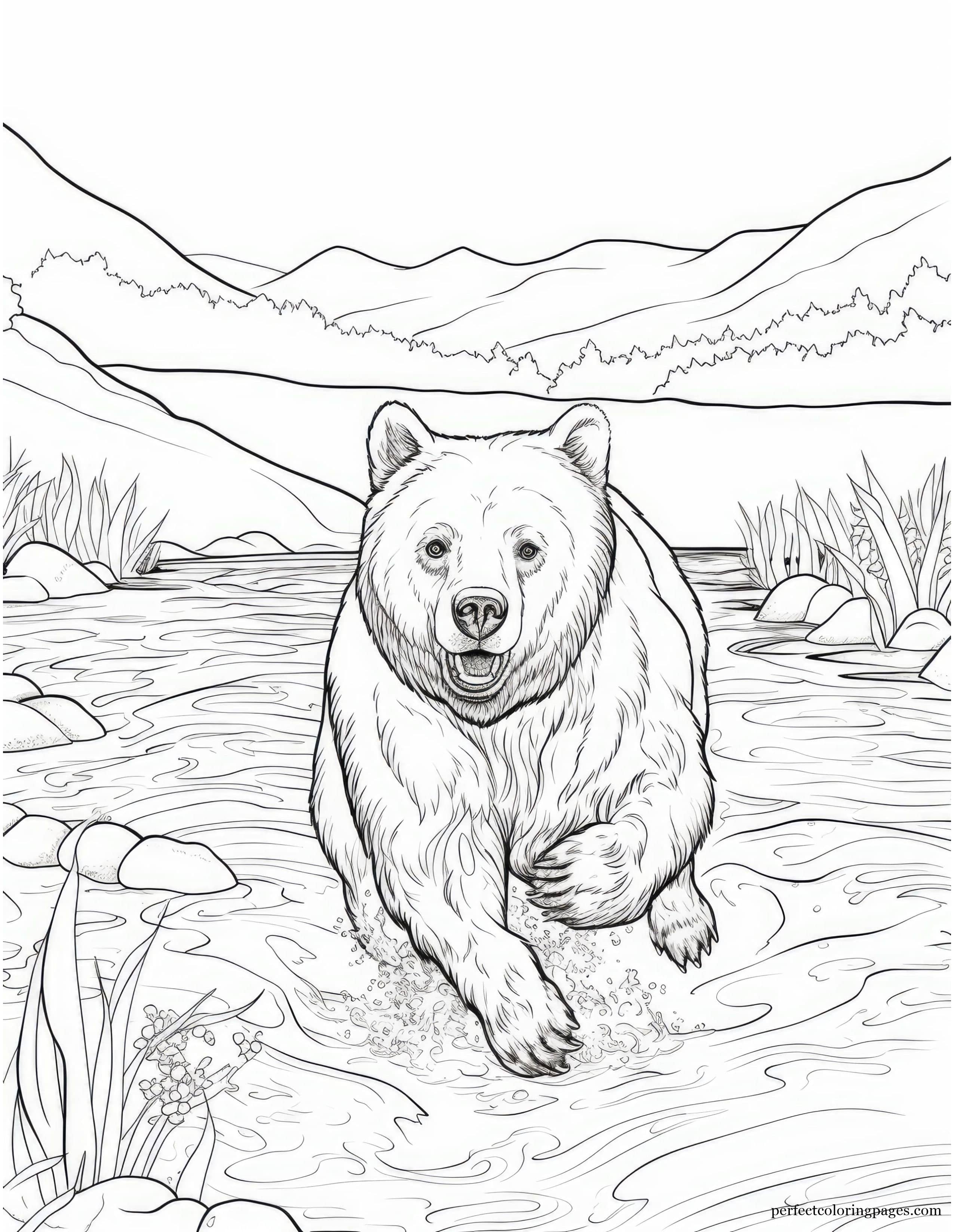 Grizzly Bear Running Through a River Chasing Salmon Coloring Page for Adults