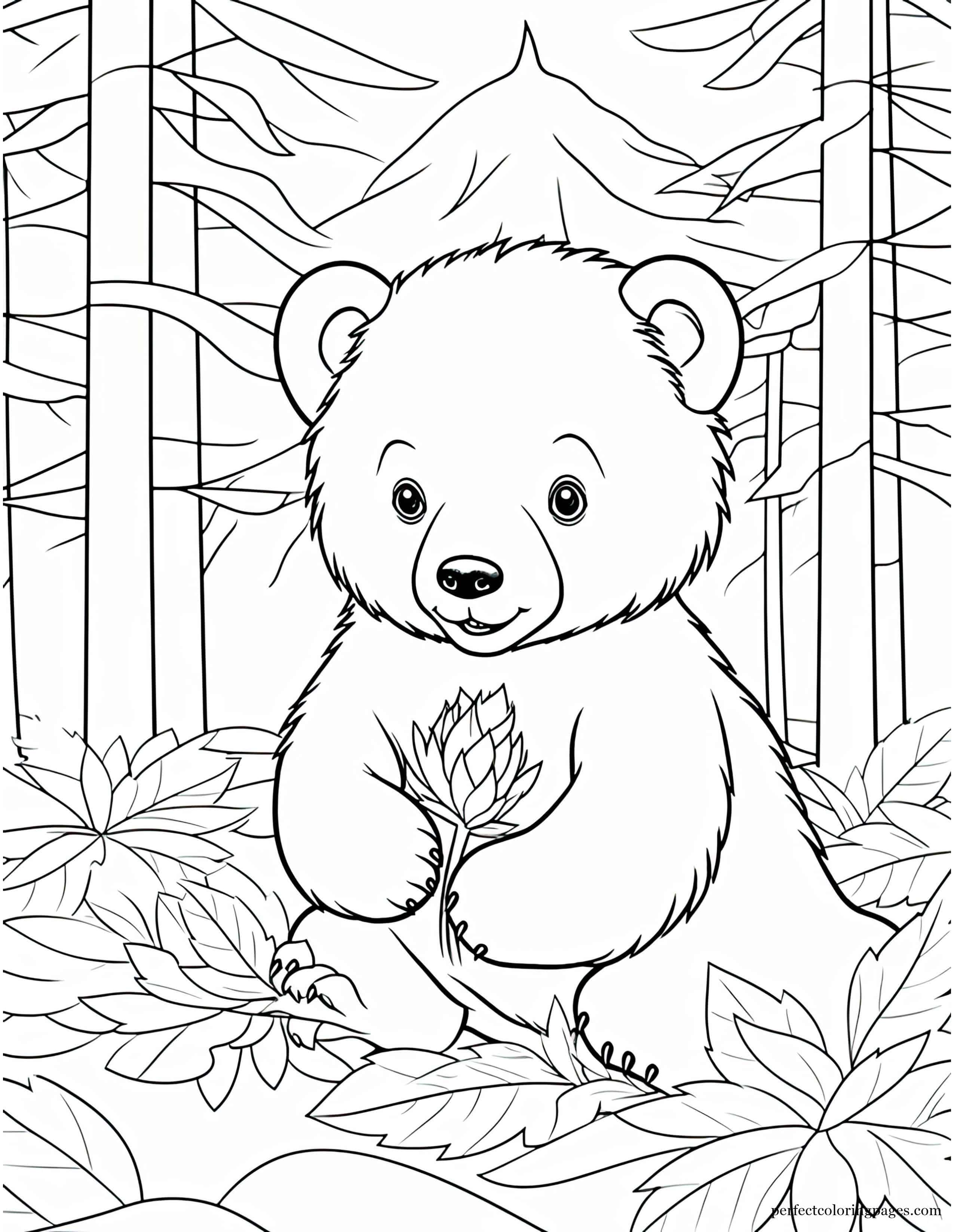 Happy Bear Cub Playing With Pine Cones in the Forest Printable Coloring Page for Girls