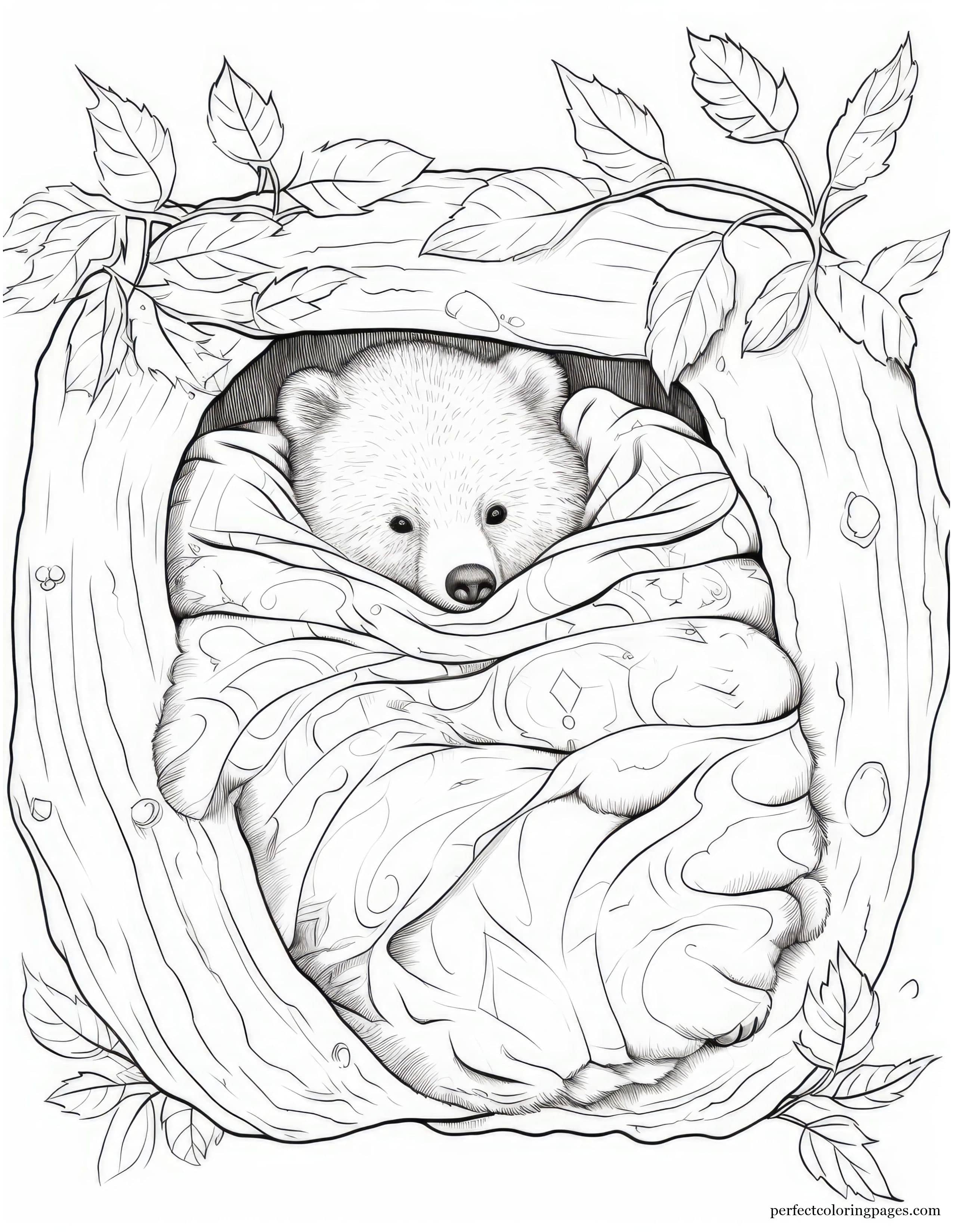 Hibernating Bear Sleeping in Its Den Coloring Page for Adults