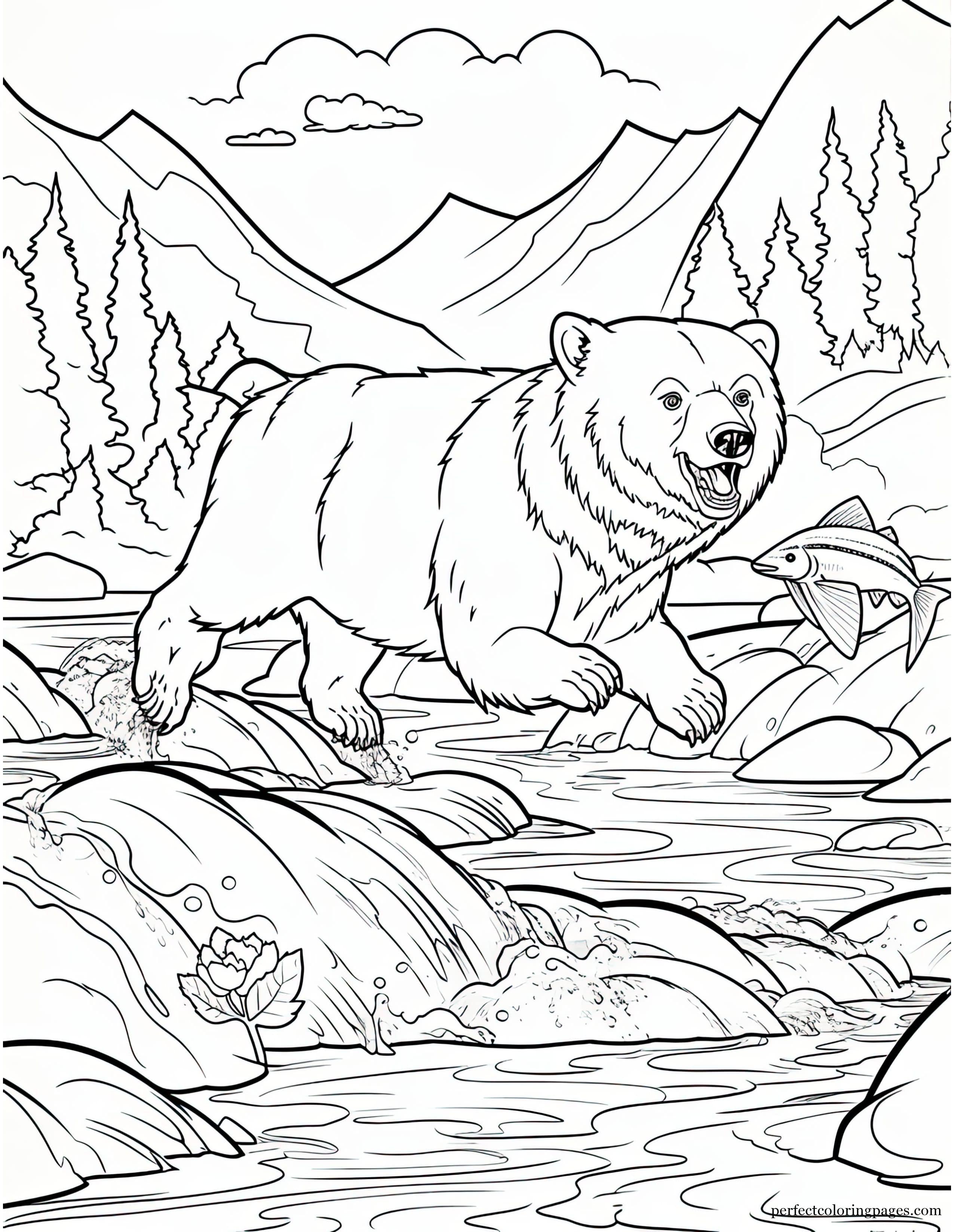 Hungry Grizzly Fishing in Crystal Clear Mountain Waters Picture to Color for Adults