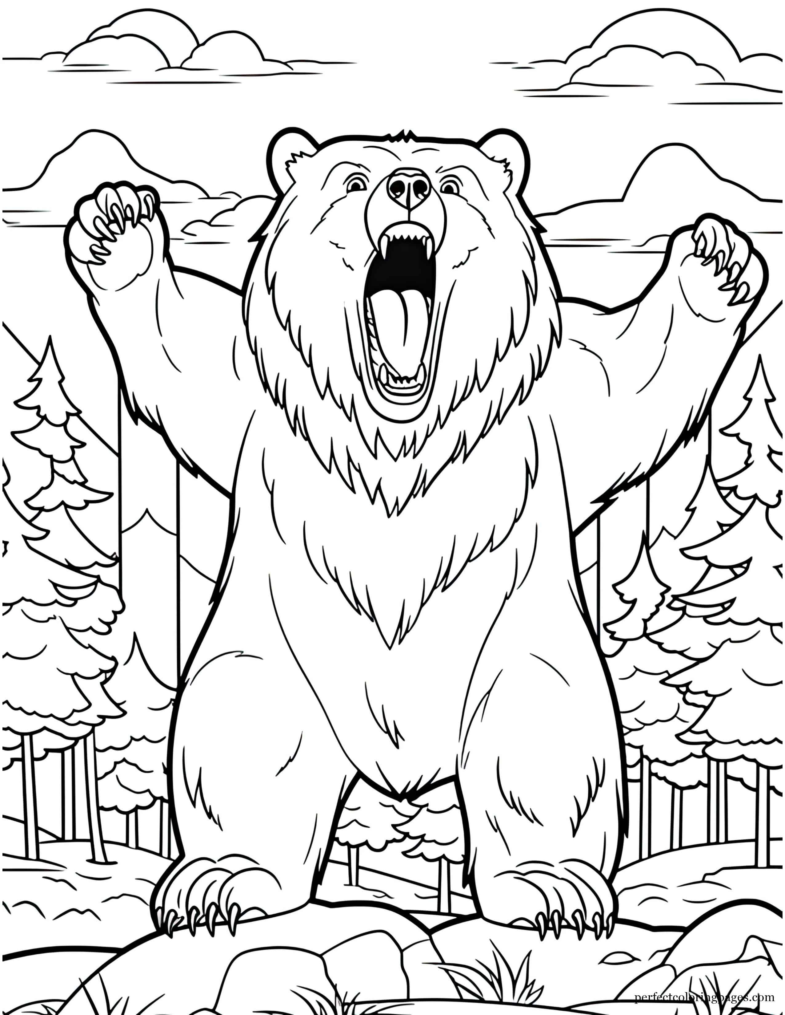 Massive Kodiak Bear Standing on Its Hind Legs Roaring Kawaii Coloring Page for Kids