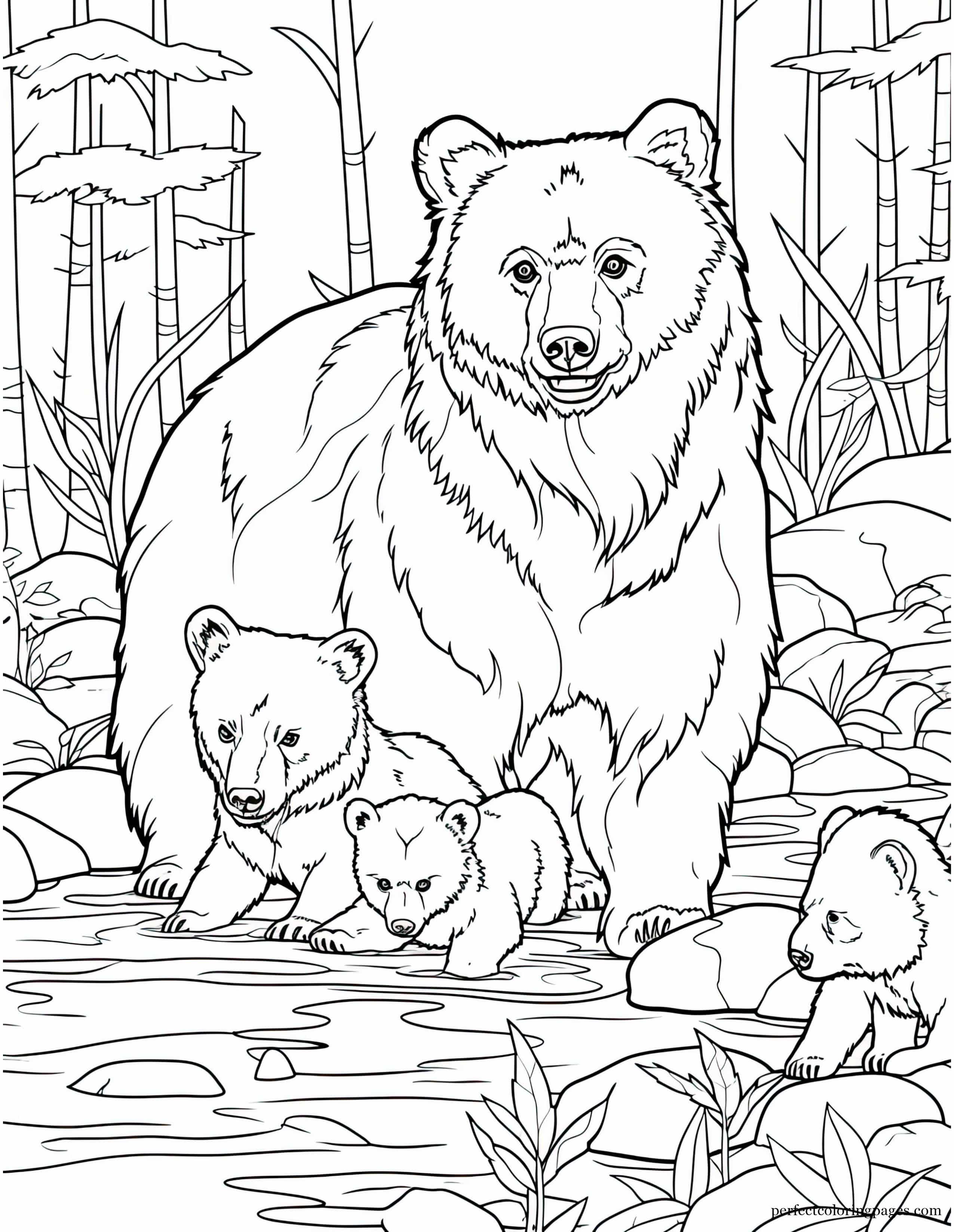 Mother Bear Teaching Her Cubs to Fish in a Stream Printable Coloring Page