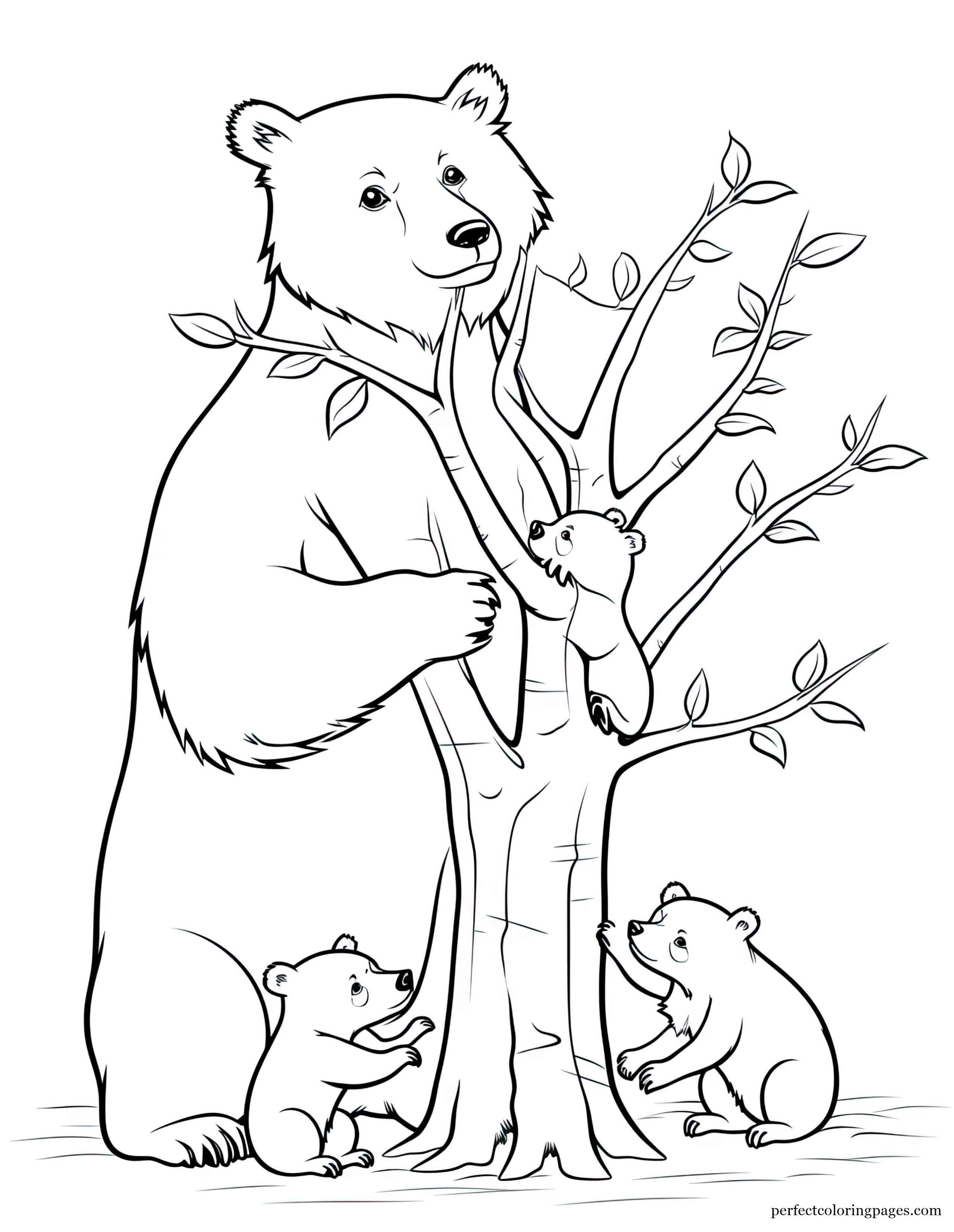 Mother Black Bear Teaching Her Cubs to Climb Trees Coloring Sheet for Preschoolers