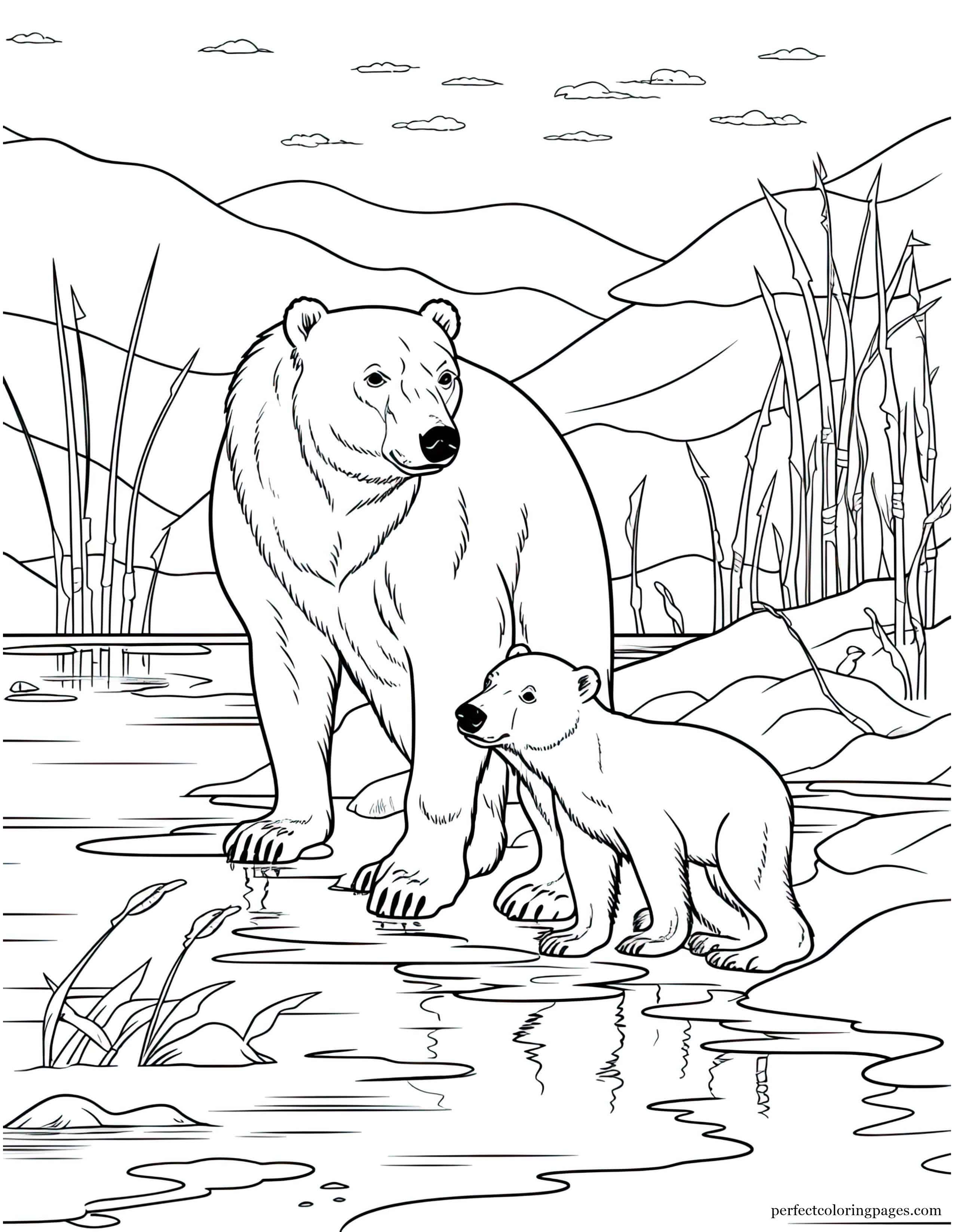 Mother Polar Bear Teaching Her Cub on the Ice Printable Coloring Sheet for Kids