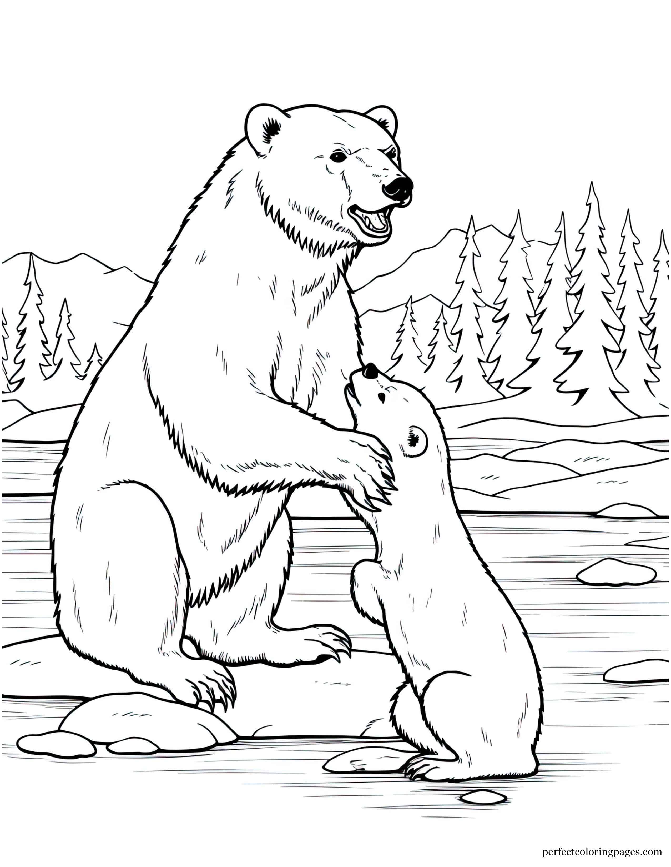 Mother Polar Bear Teaching Her Cub Survival Skills on the Ice Printable Coloring Page for Kids