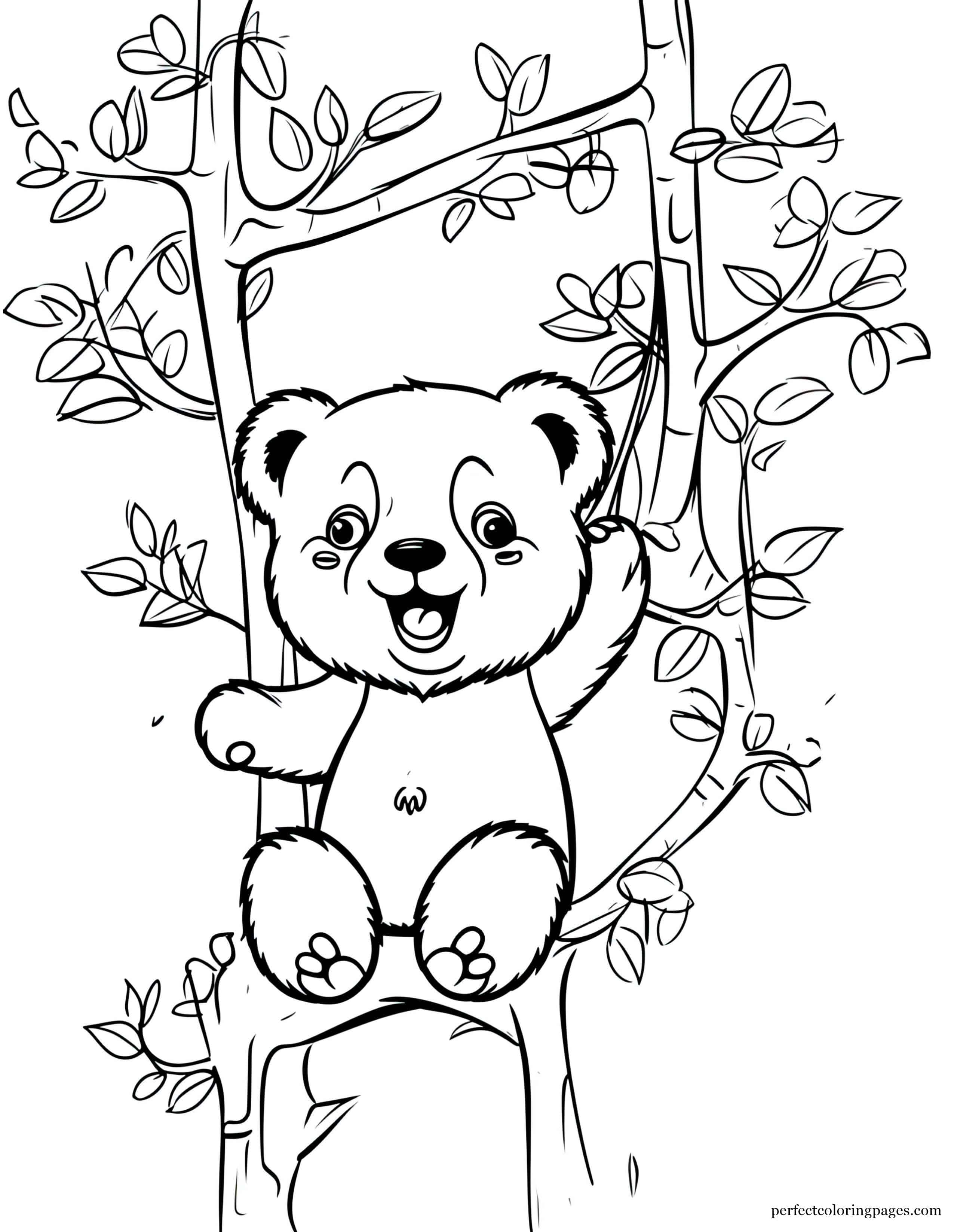 Panda Bear Hanging From a Tree Branch Printable Coloring Page for Preschoolers