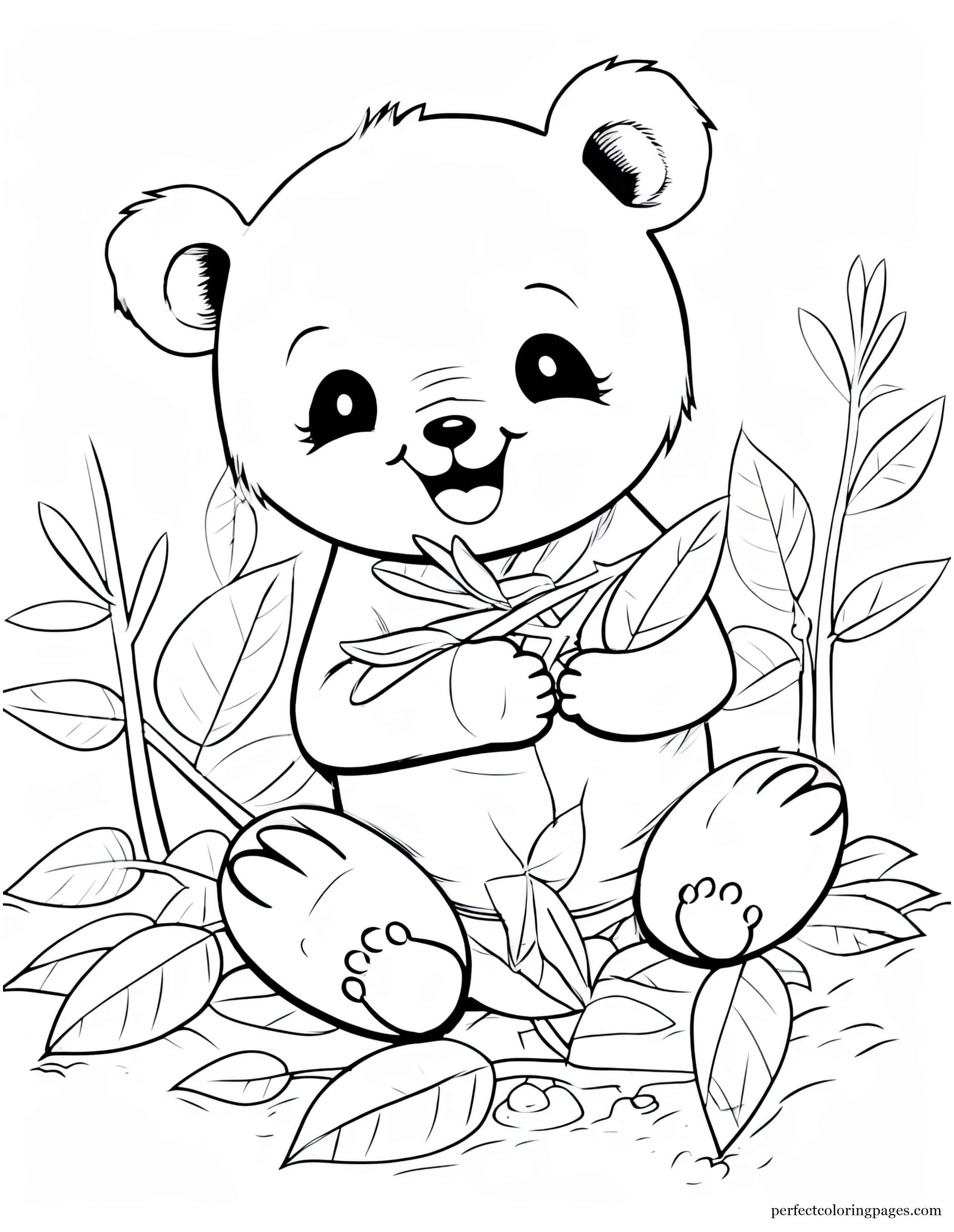 Panda Bear Lounging in a Bamboo Forest Chewing on a Shoot Kawaii Coloring Page