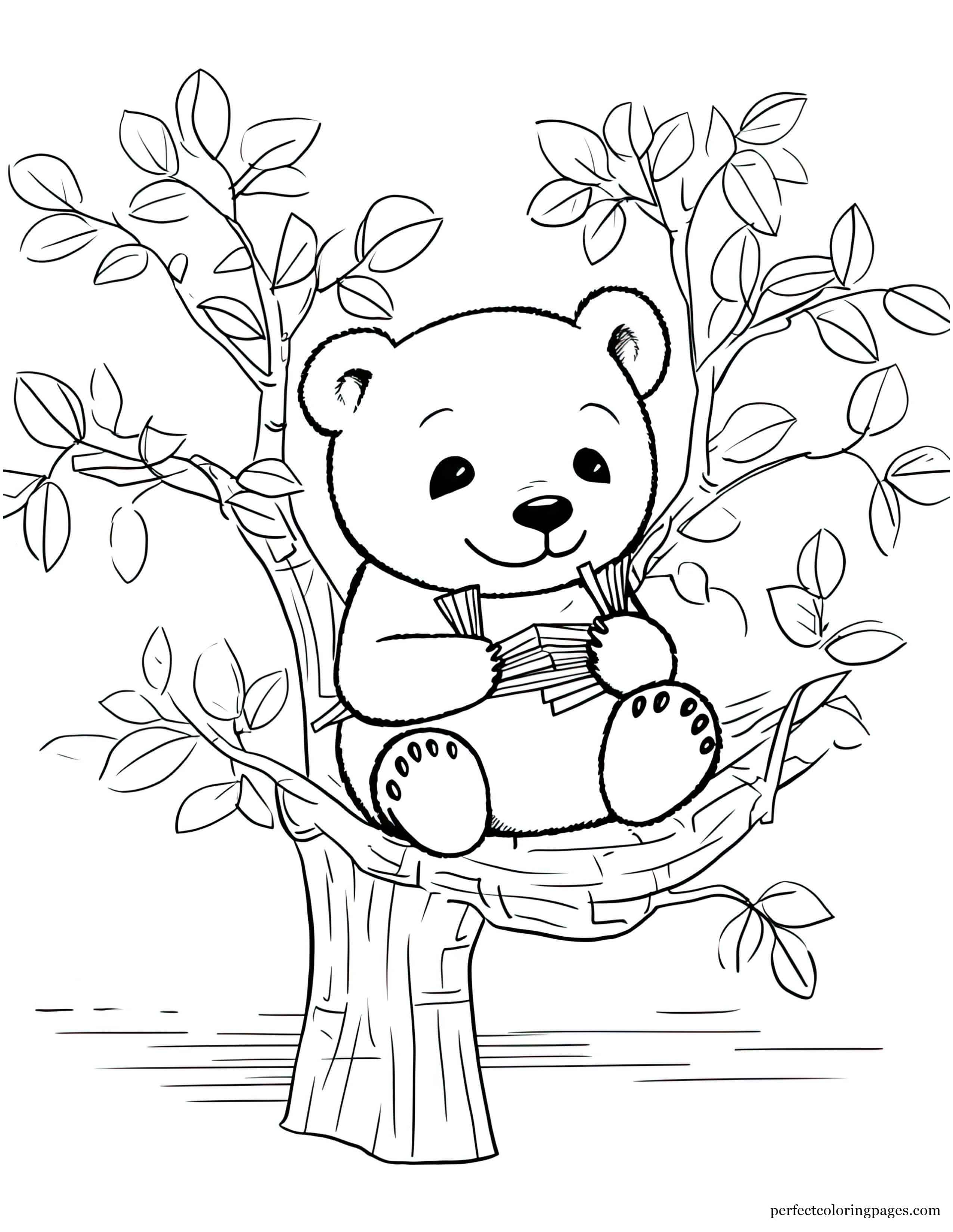 Panda Bear Lounging on a Tree Branch Eating Bamboo Cute Coloring Sheet for Kids