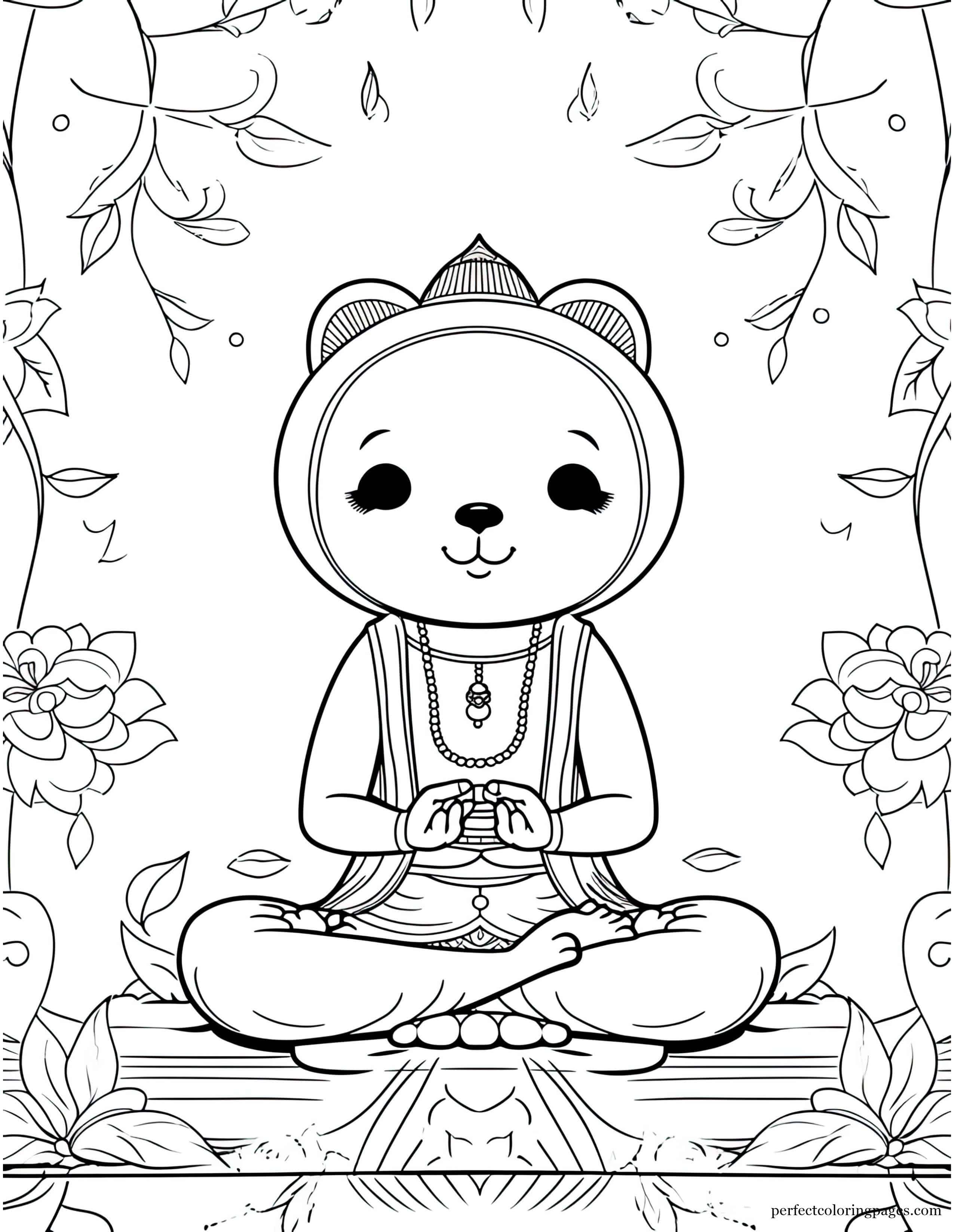 Panda Bear Meditating Peacefully Surrounded by Bamboo Printable Coloring Sheet for Girls