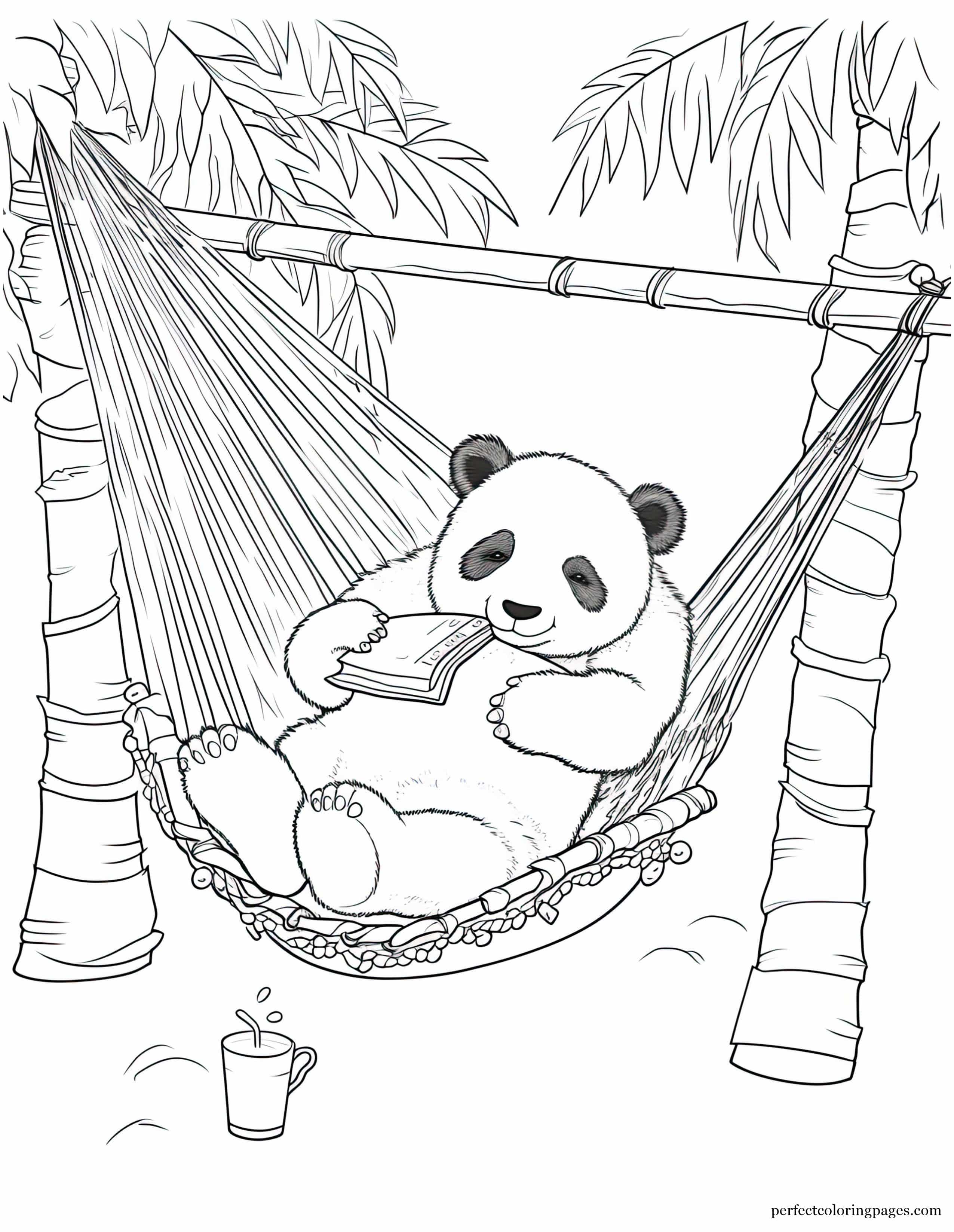 Panda Bear Relaxing in a Hammock Eating Bamboo Easy Coloring Page for Adults