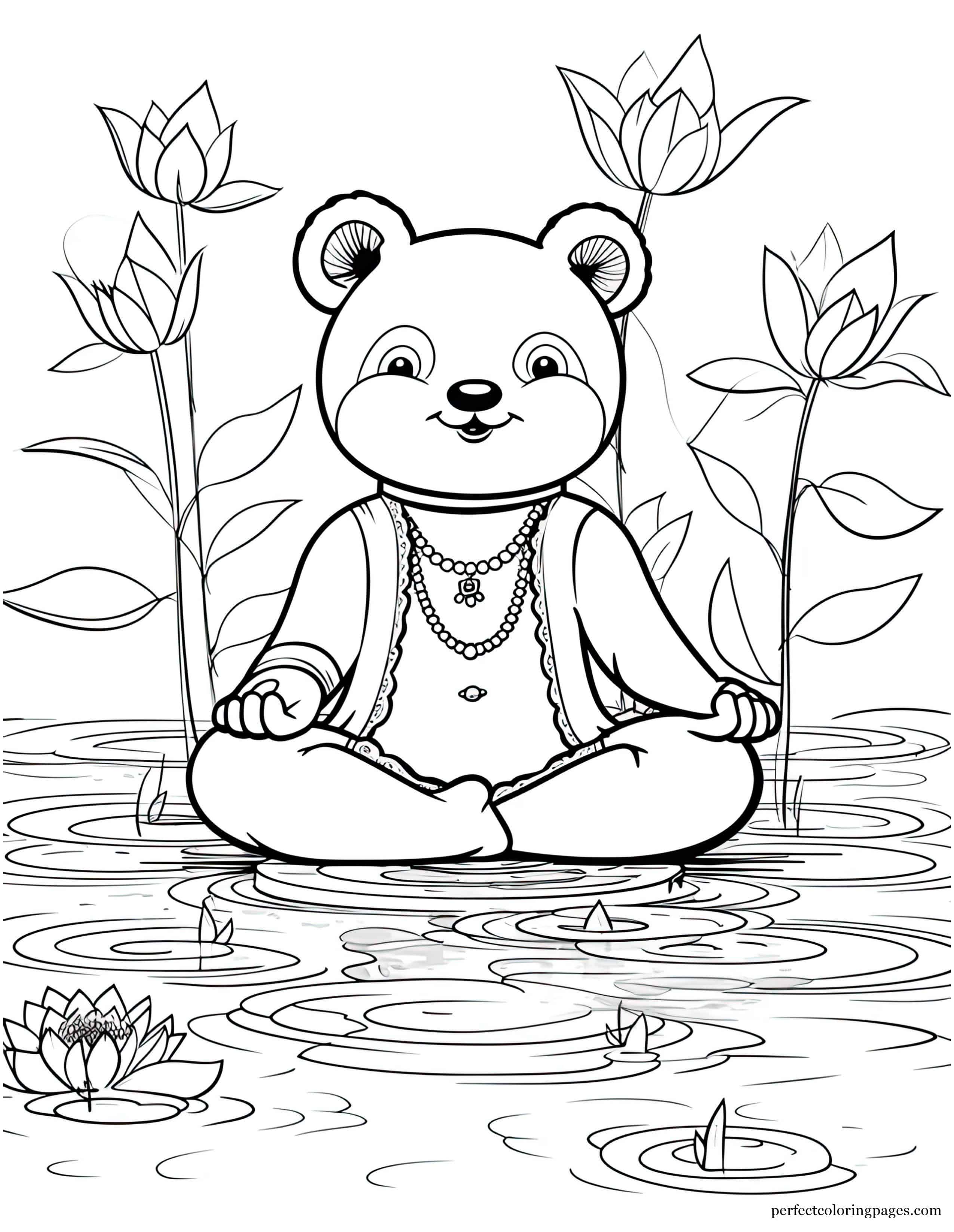 Panda Bear Relaxing in a Lotus Yoga Pose While Eating Bamboo Printable Coloring Sheet for Preschoolers