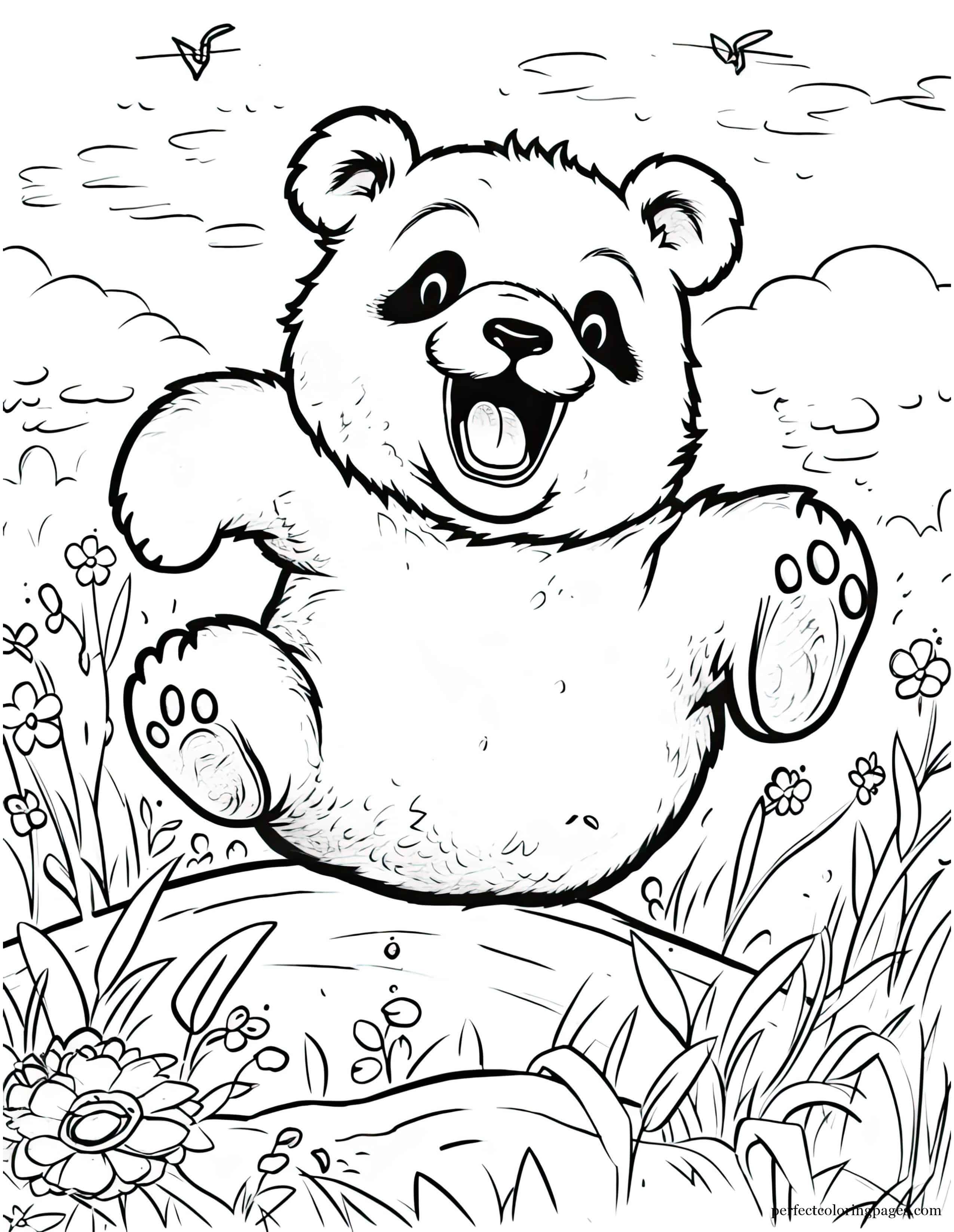 Panda Bear Somersaulting Down a Grassy Hillside Easy Coloring Picture for Adults