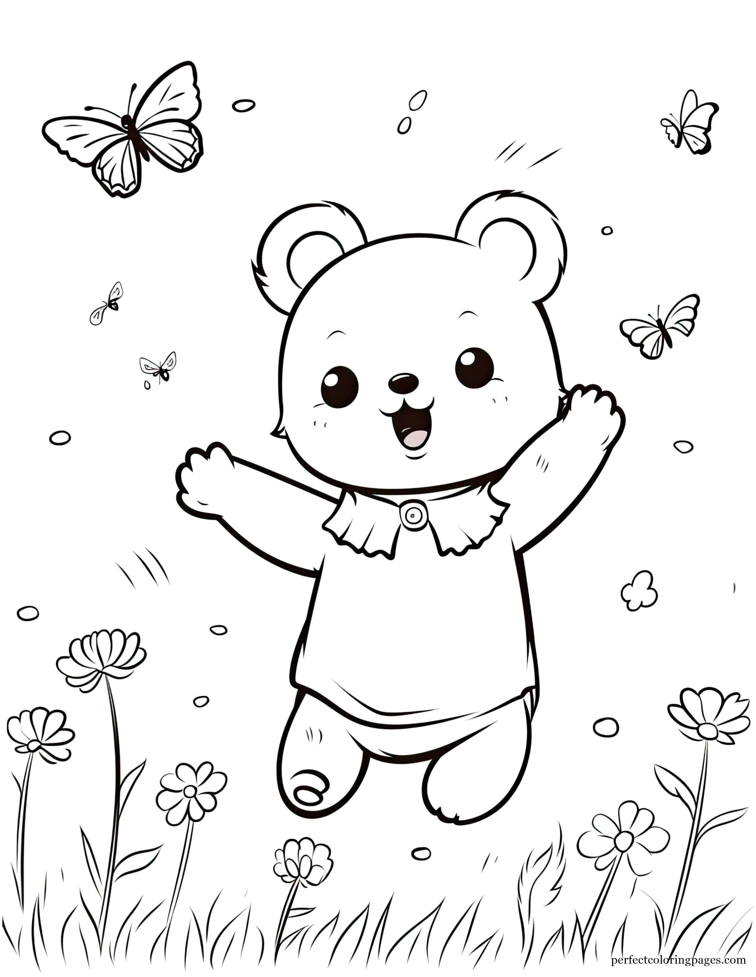 Playful Baby Bear Chasing a Butterfly Through a Meadow Printable Coloring Page for Girls