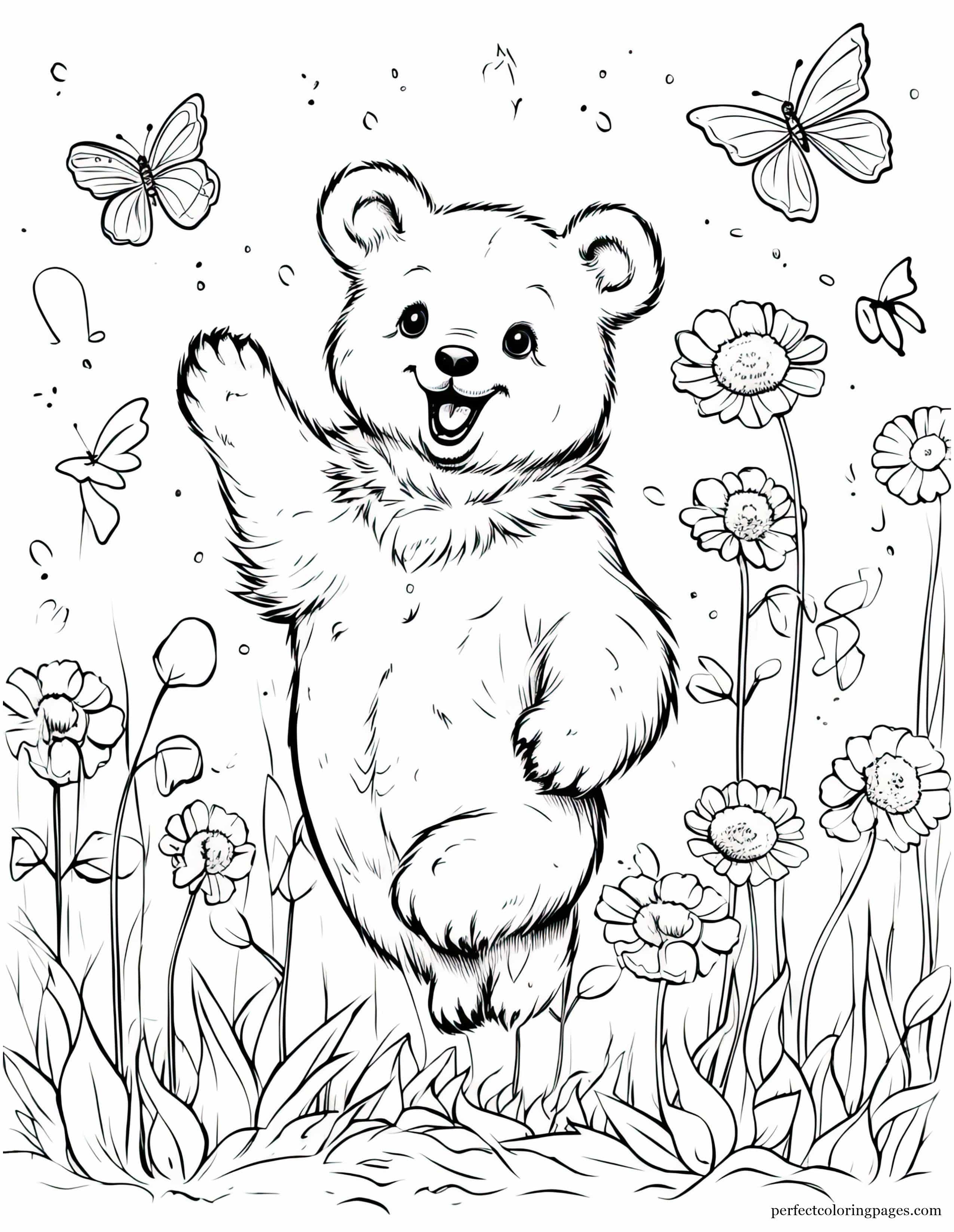 Playful Bear Cub Chasing Butterflies in a Meadow Coloring Sheet for Preschoolers