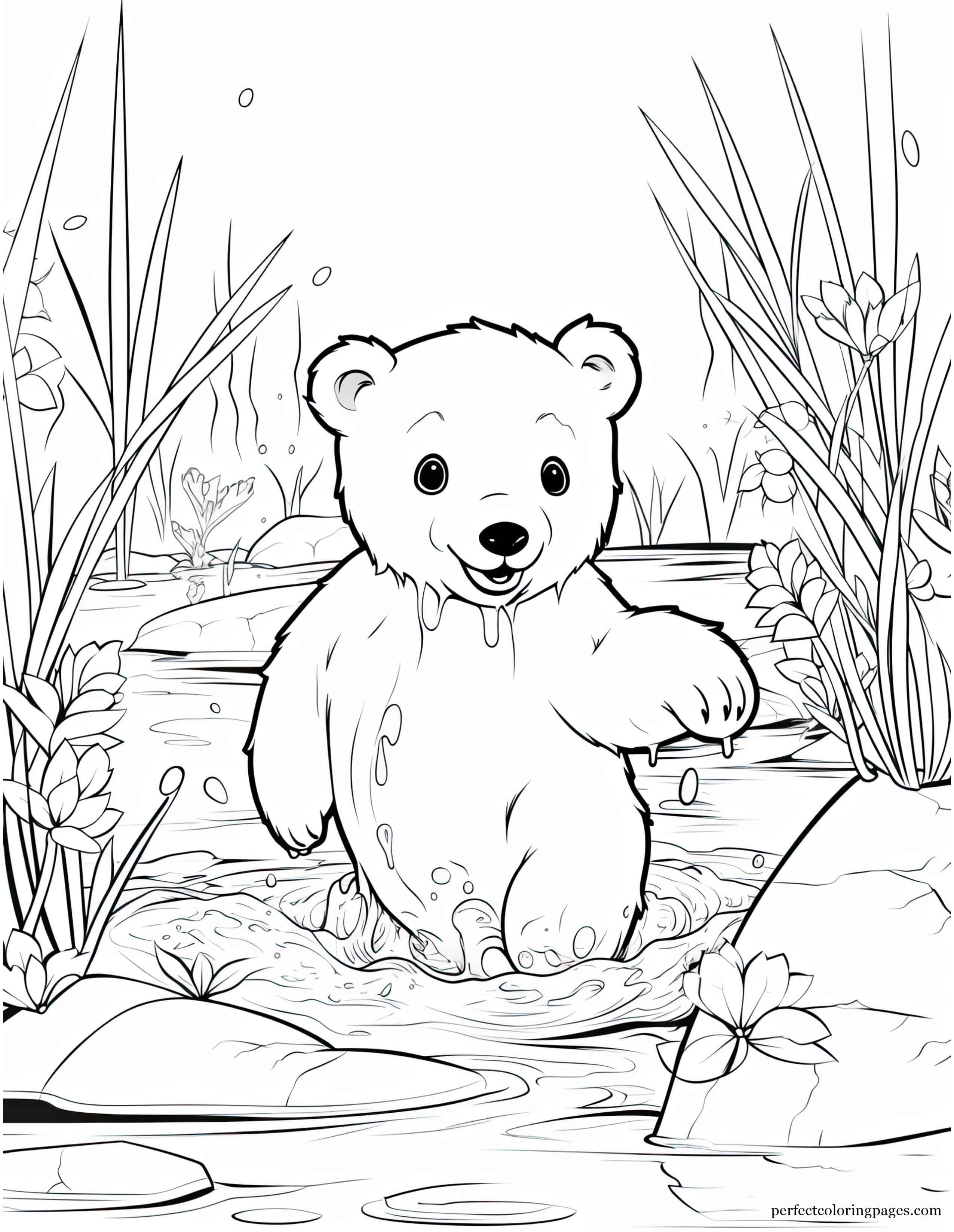 Playful Bear Cub Having Fun Splashing in a Small Forest Pond Cute Coloring Page for Adults