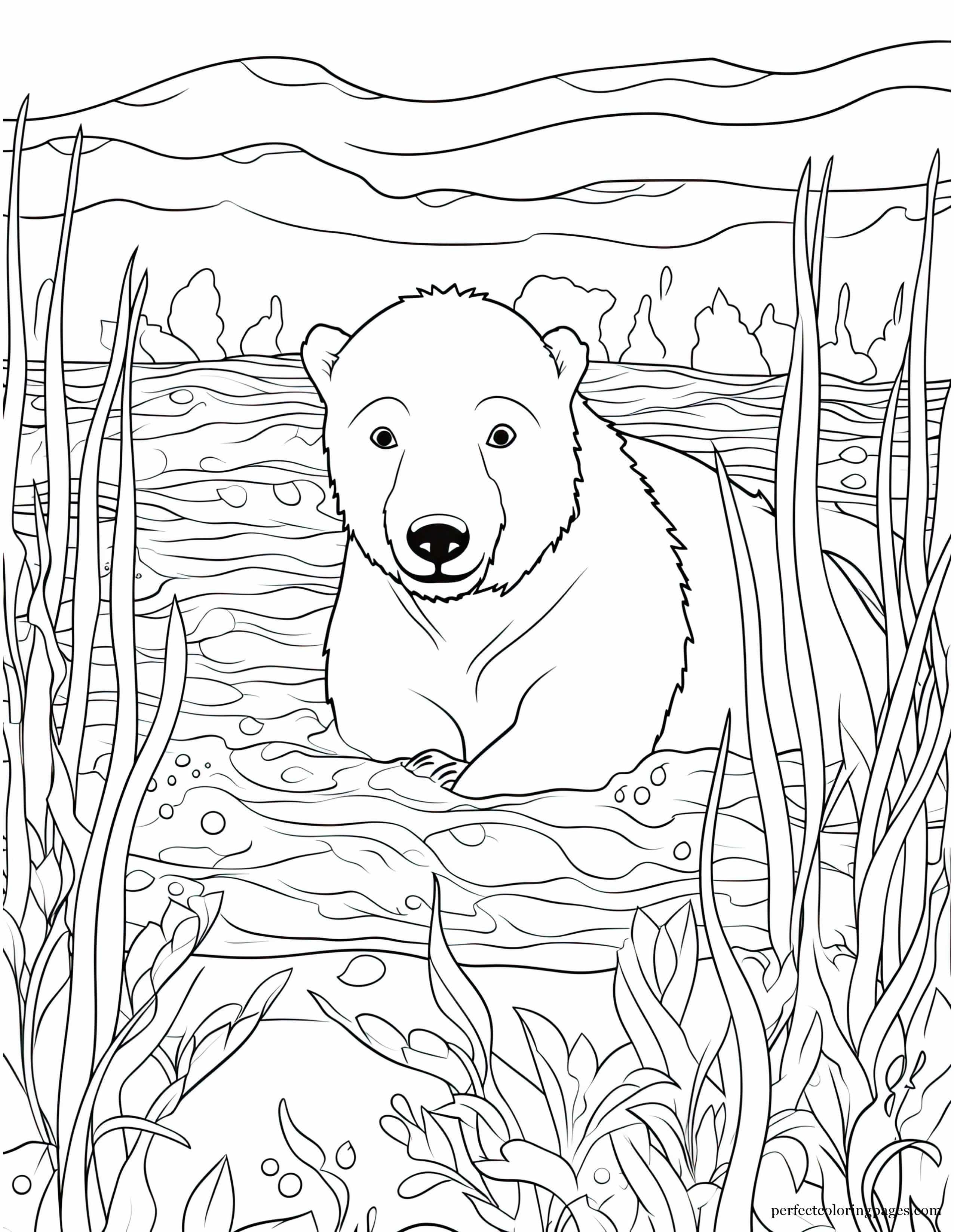 Polar Bear Swimming Coloring Page for Adults