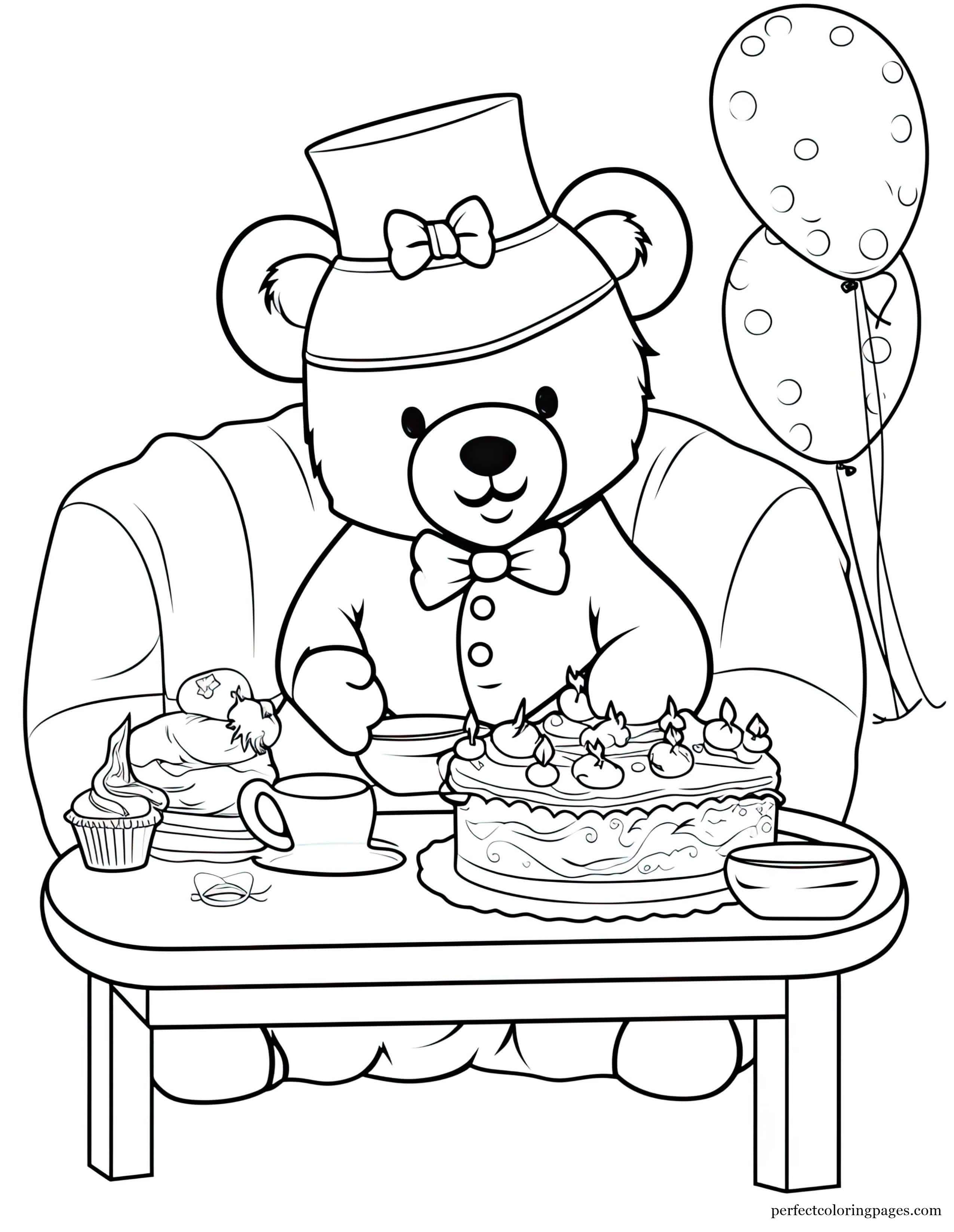 Silly Bear Wearing a Top Hat and Bow Tie at a Tea Party Easy Coloring Page for Kids