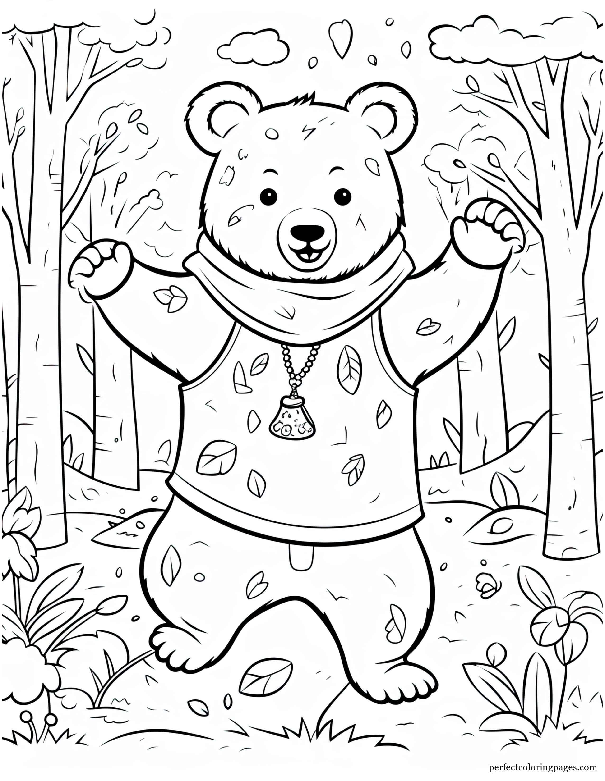 Silly Cartoon Bear Dancing With Forest Animals Picture to Color for Kids