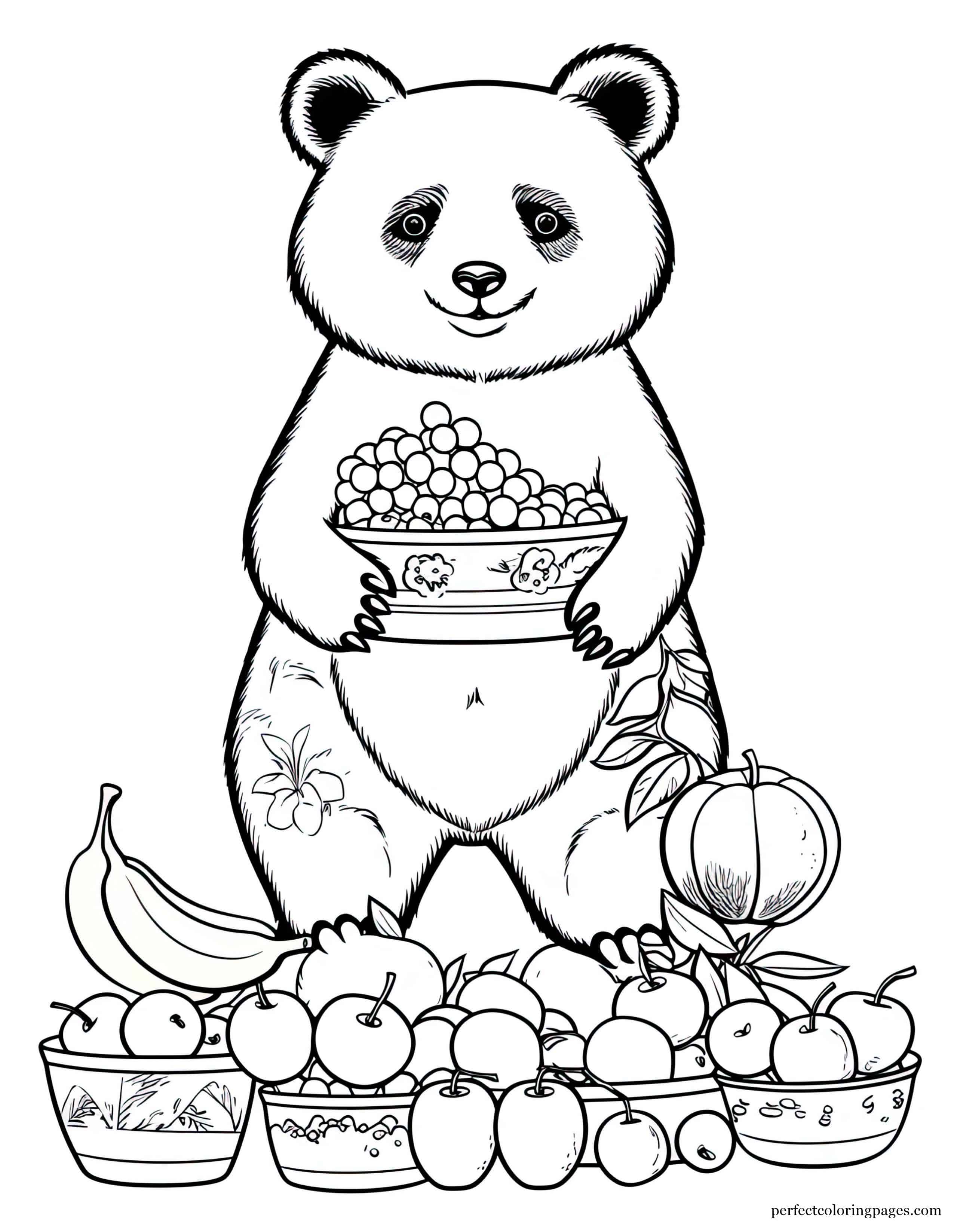 Silly Panda Bear Balancing Fruits and Berries Printable Coloring Picture