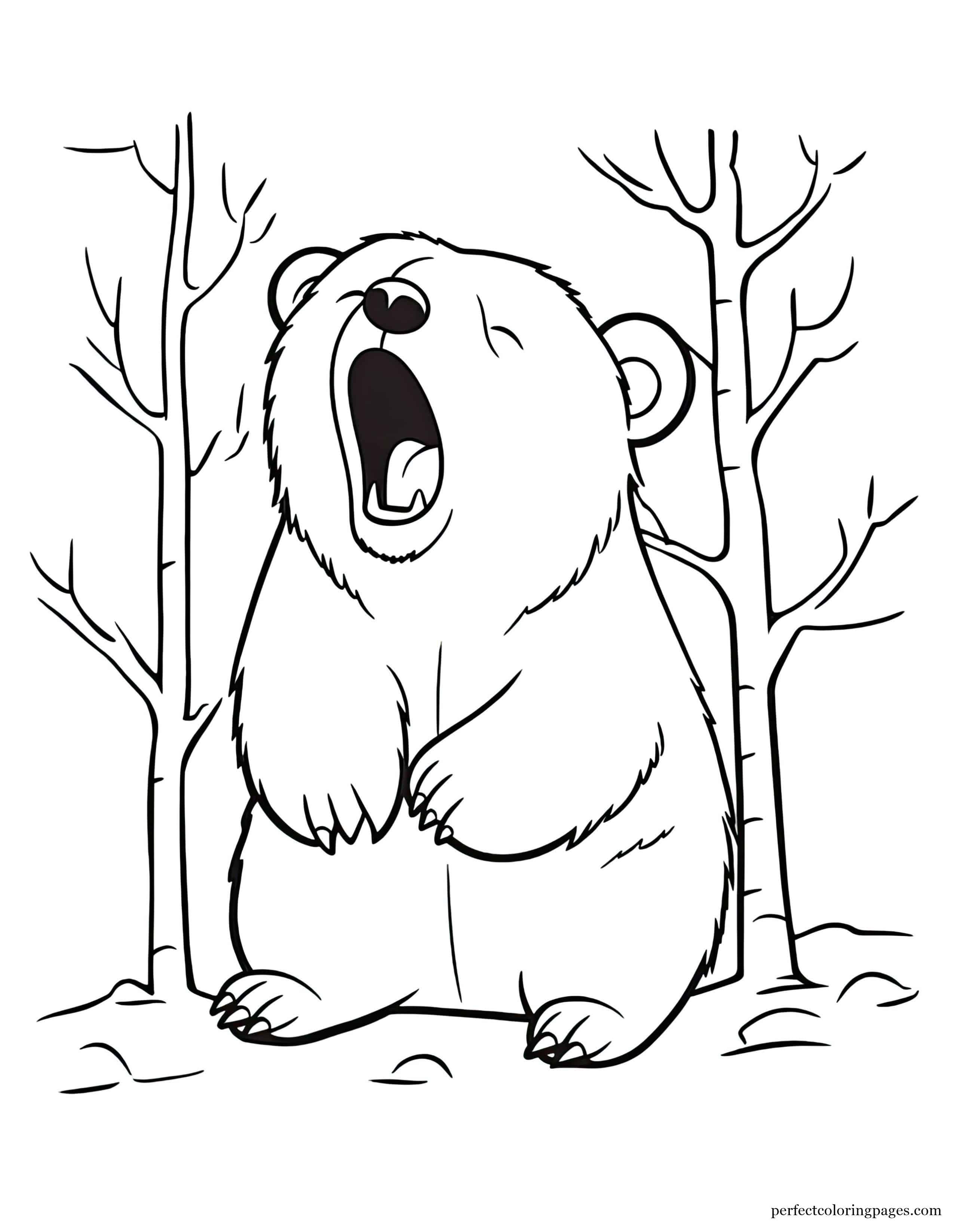 Sleepy Bear Yawning Getting Ready for Hibernation Kawaii Coloring Sheet for Adults