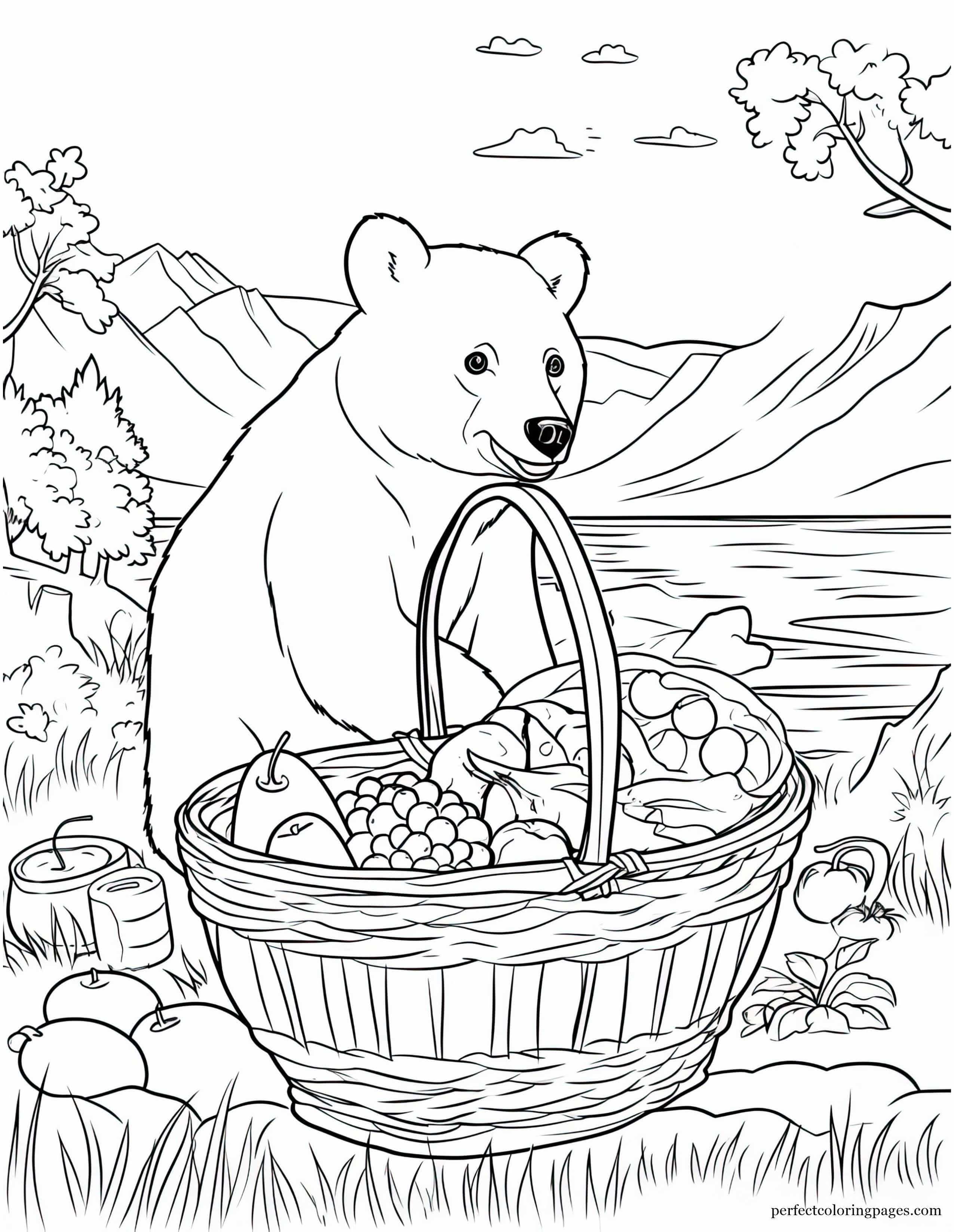 Sneaky Black Bear Trying to Break Into a Picnic Basket Easy Coloring Page for Adults