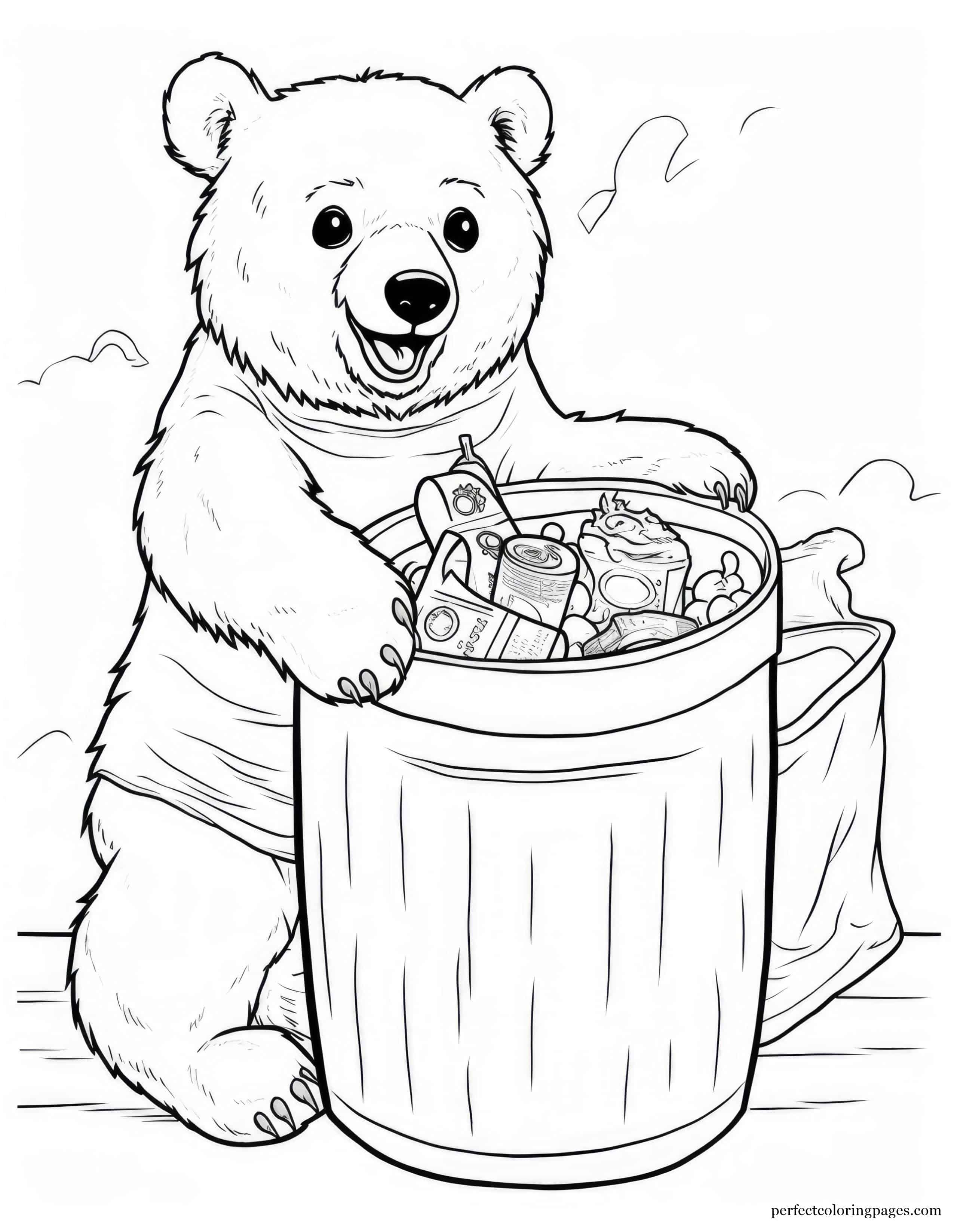 Sneaky Grizzly Bear Trying to Break Into a Trash Can Cute Coloring Sheet