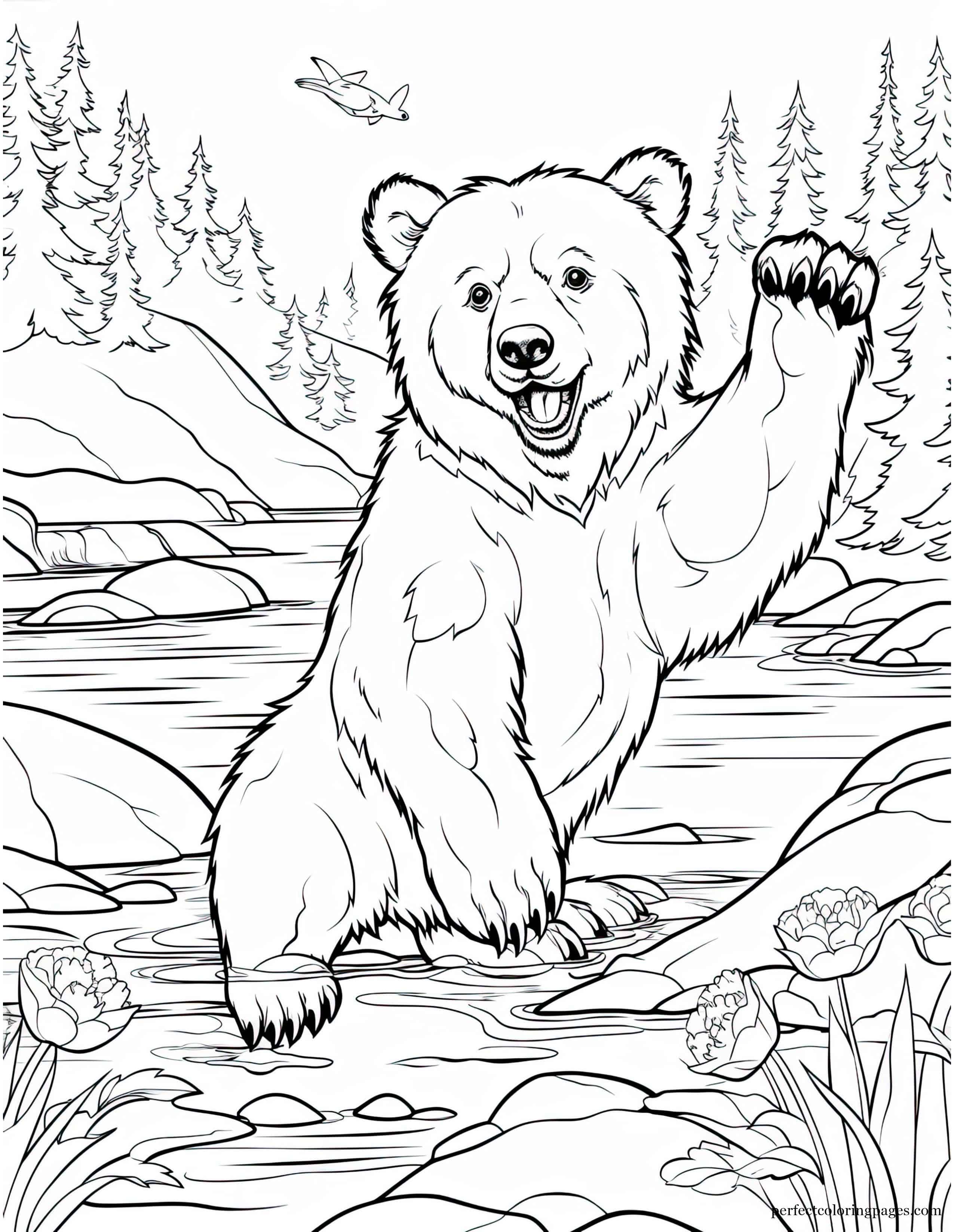 Surprised Black Bear Catching a Fish With Its Paws Coloring Picture for Preschoolers