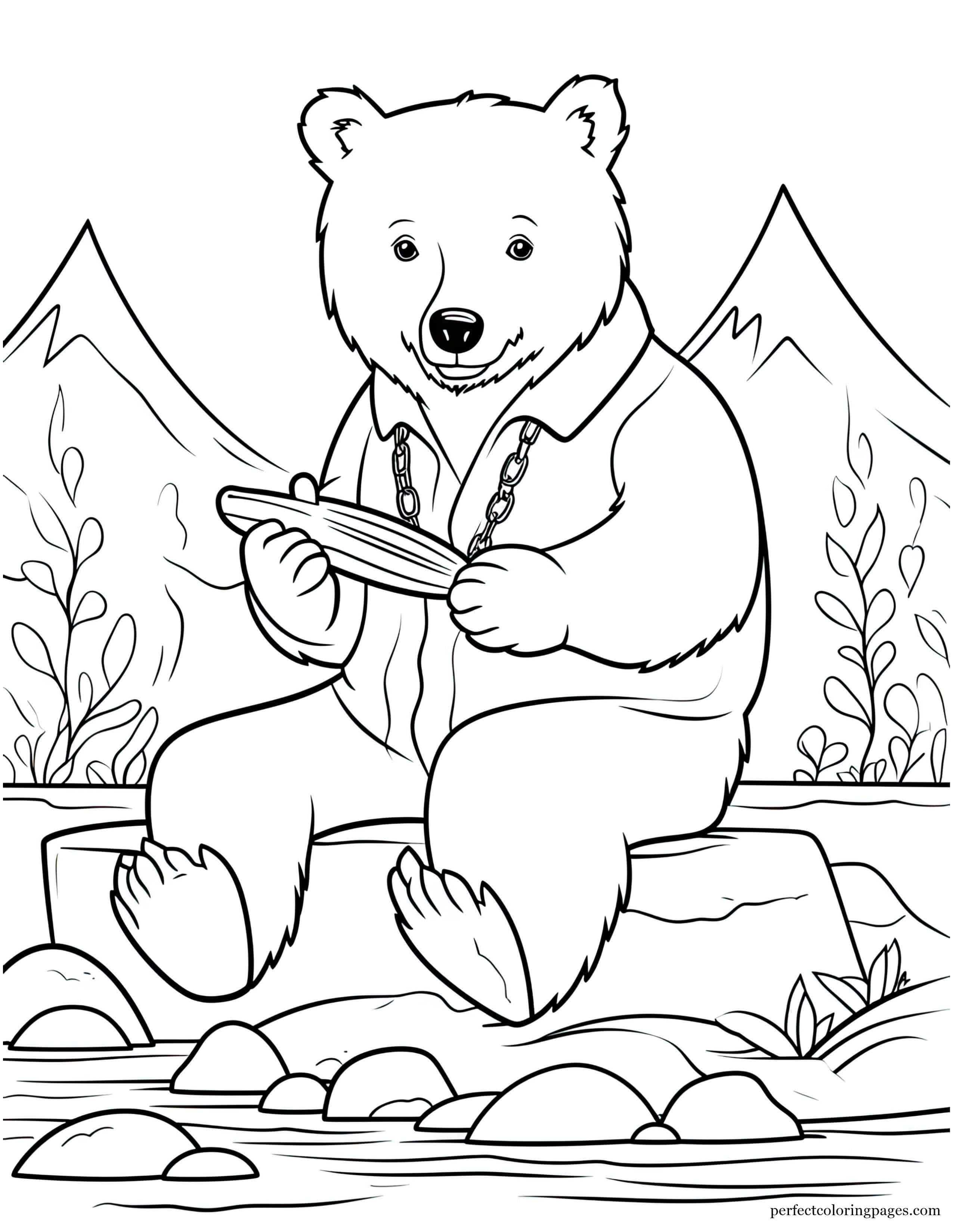 Wise Old Bear Sitting Peacefully With a Salmon Catch Printable Coloring Sheet